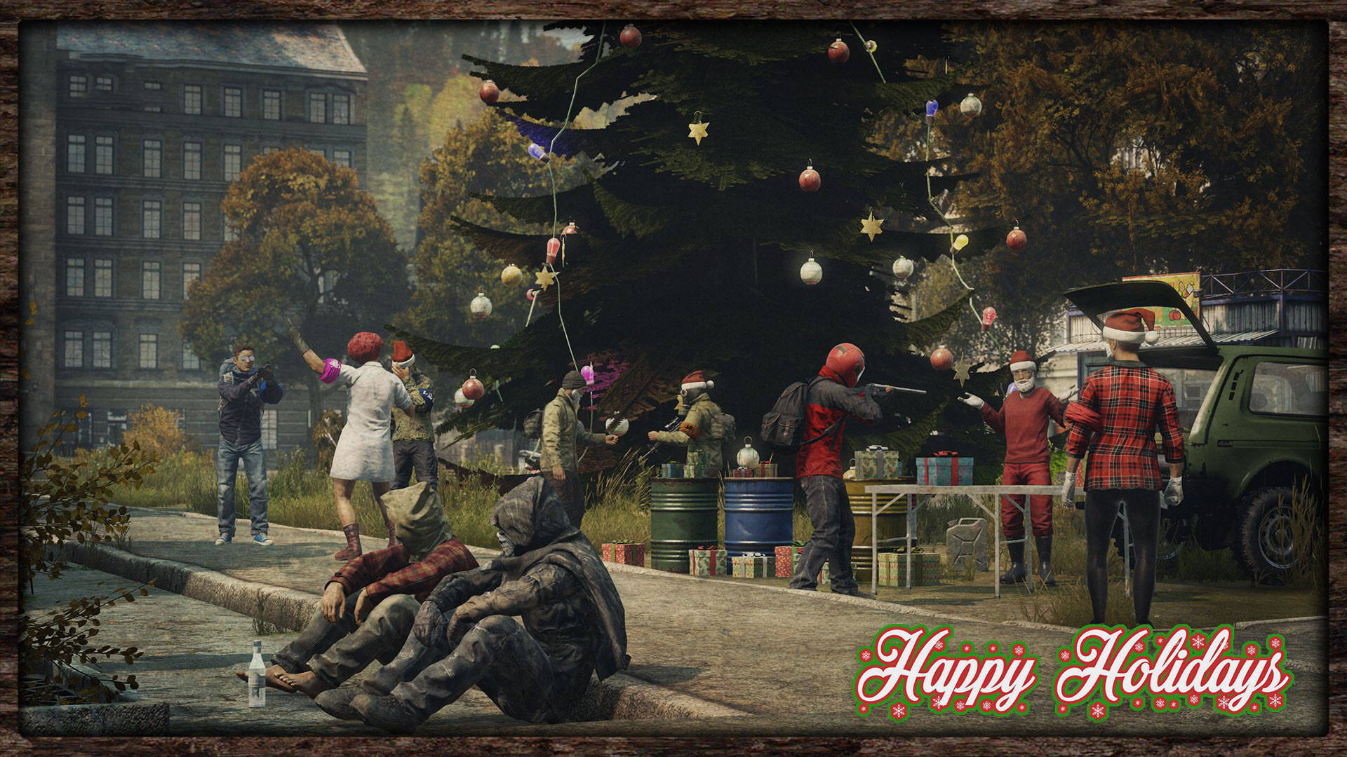 DayZ 桌布 壁紙 — 一群穿著冬季服裝的人正在城市庭院中，用裝飾品和燈飾裝飾一棵大樹，附近有一輛綠色貨車。