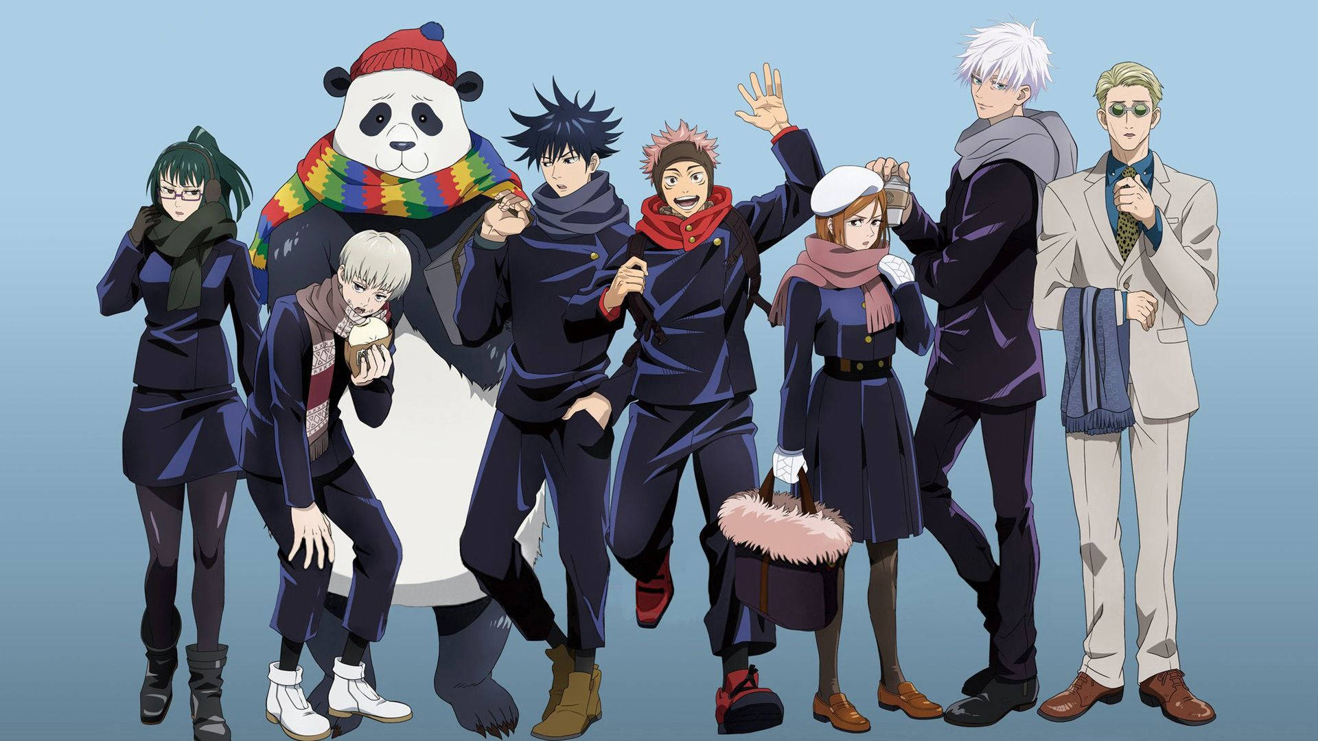 Jujutsu Kaisen Desktop 桌布 壁紙 — 一群穿著冬季服裝的動漫角色，與一隻戴著彩色圍巾的巨大熊貓，在柔和的藍色背景前愉快地擺姿勢。