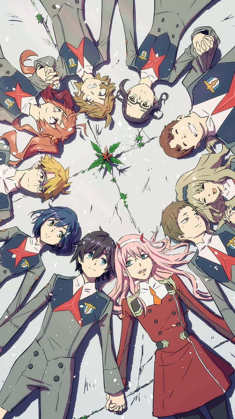 Darling In The Franxx Phone 桌布 壁紙 — 一群穿著制服的動漫角色圍成一個圓圈，在雪景中仰望一棵發光的植物。