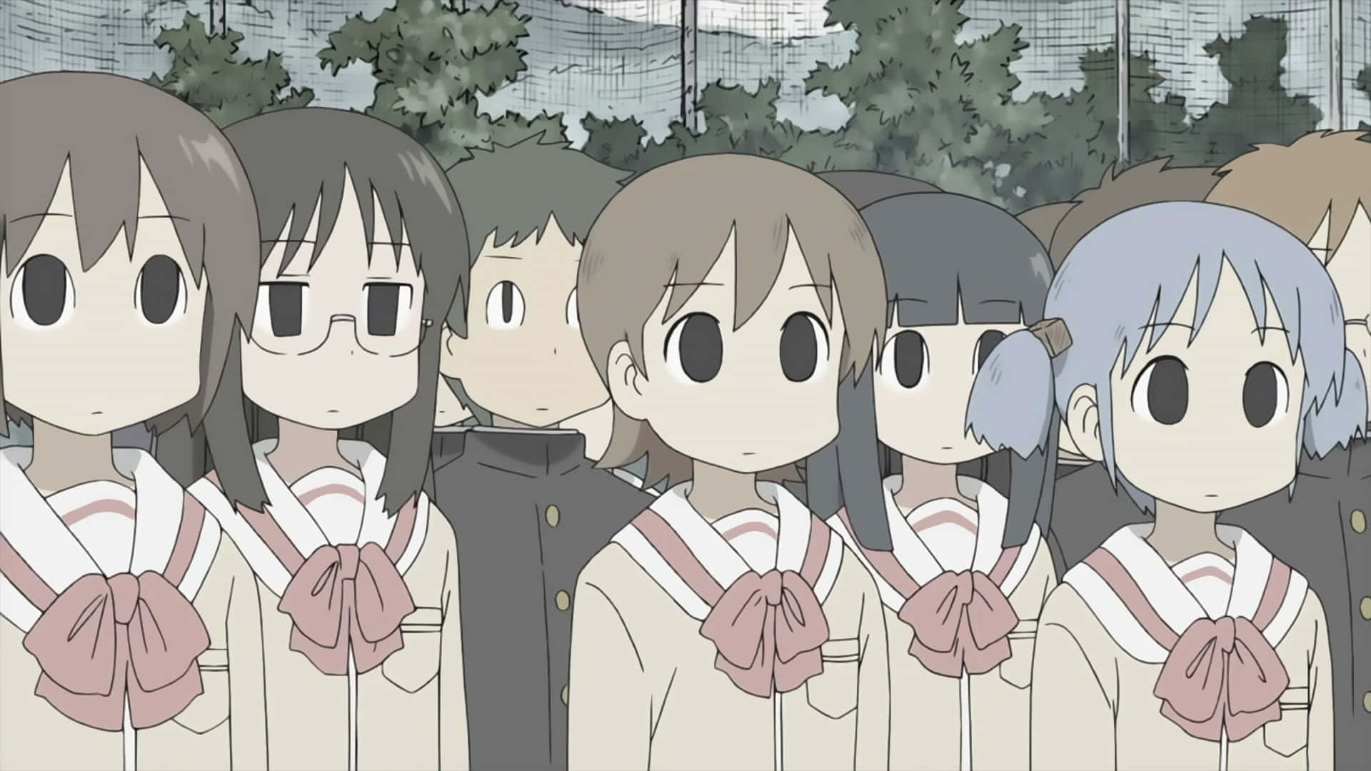 桌布 壁紙 — 一群穿著制服的動畫女學生在灰色天空下排成一排，面無表情。