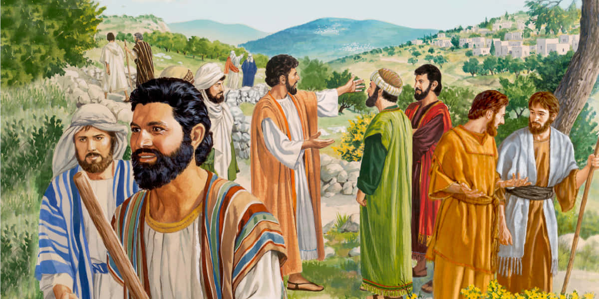 Jesus Disciples 桌布 壁紙 — 一群穿著古袍的男子在陽光明媚的鄉村景觀中聚集，背景有山丘和村莊。