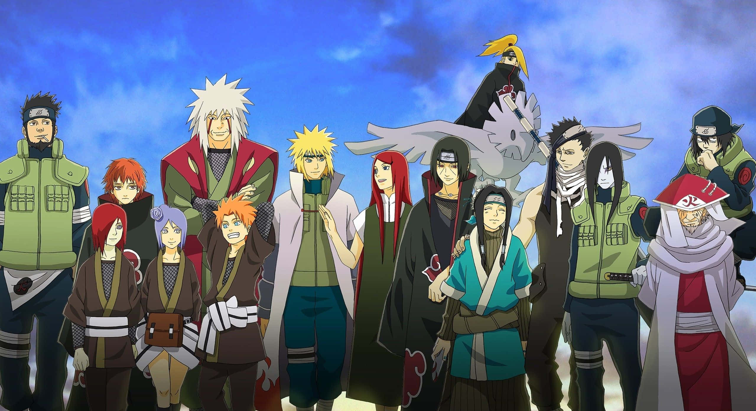 Naruto's Friend 桌布 壁紙 — 一群穿著忍者服裝的動漫角色在陰天的藍天下站在一起。