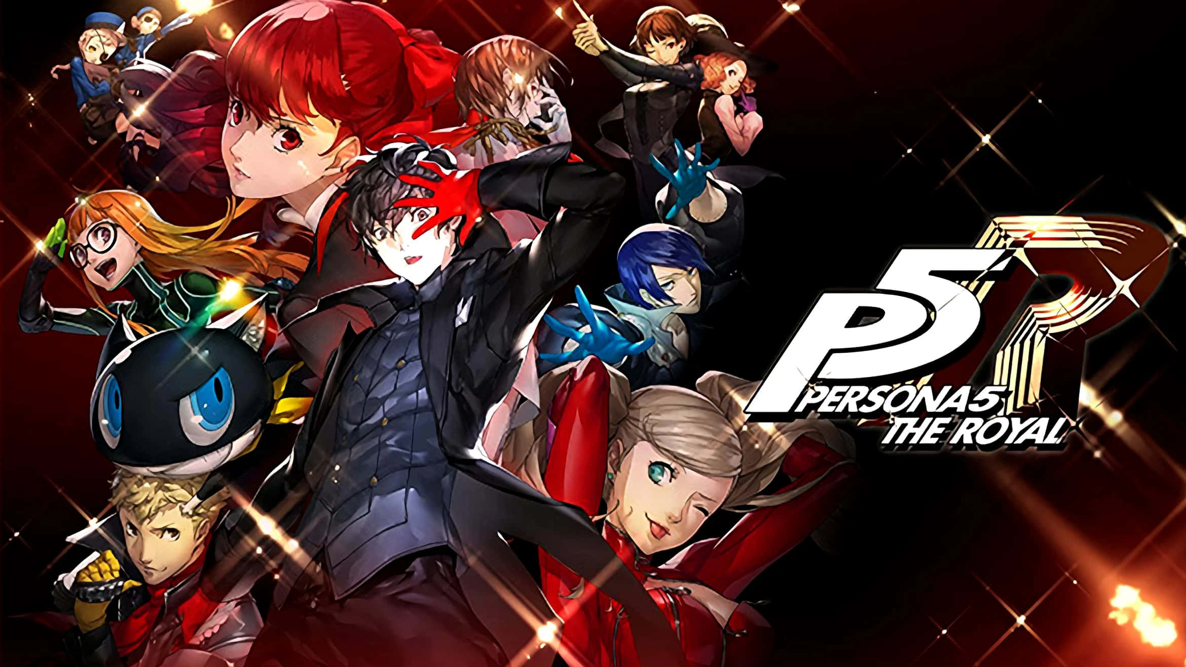 Persona 5 桌布 壁紙 — 一群穿著時尚的動漫角色在閃爍的黑暗背景上，帶著發光效果，英勇地擺出姿勢。