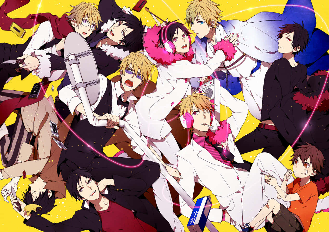 durarara 桌布 壁紙 — 一群穿著時尚的年輕男性動漫角色在帶有粉紅色霓虹線條的發光黃色背景前動感地擺姿勢。