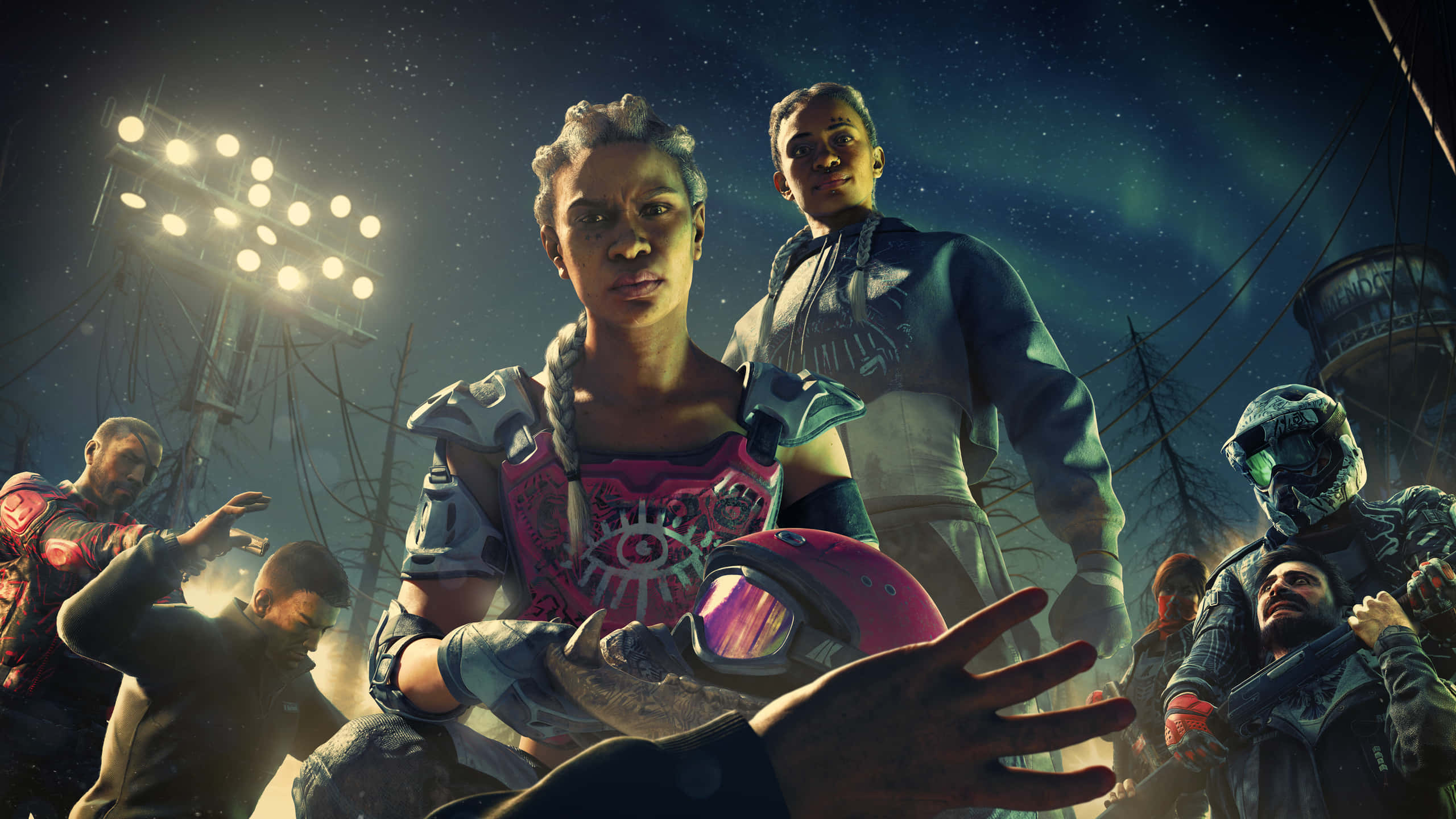 1440p Far Cry New Dawn 桌布 壁紙 — 一群穿著未來裝備的不同角色，在星光熠熠的夜空下，站在閃爍的體育場燈光下。