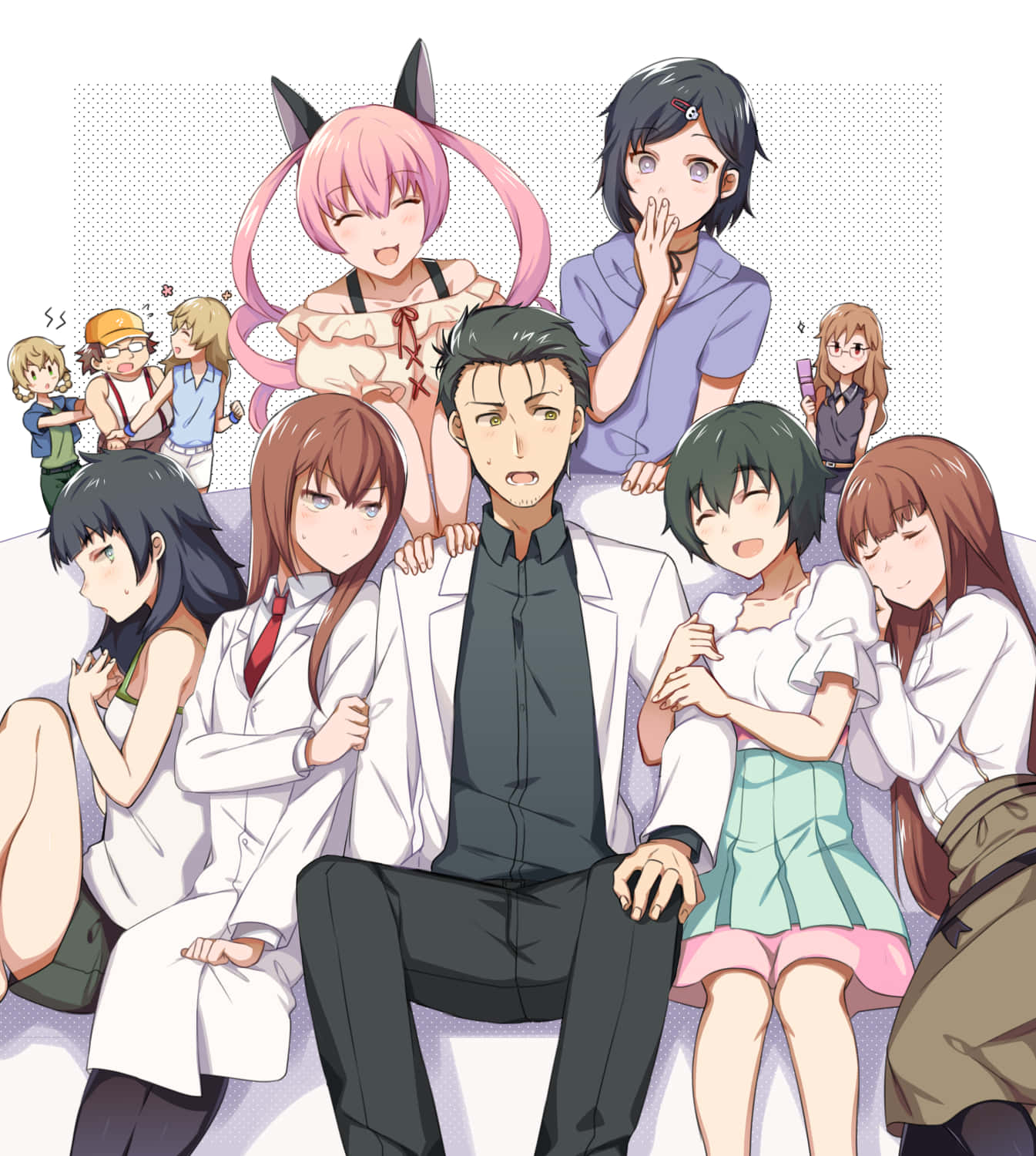 Steins Gate 桌布 壁紙 — 一群穿著校服和休閒服的動漫角色，圍繞著中央的男性角色，表情豐富，色彩鮮豔。