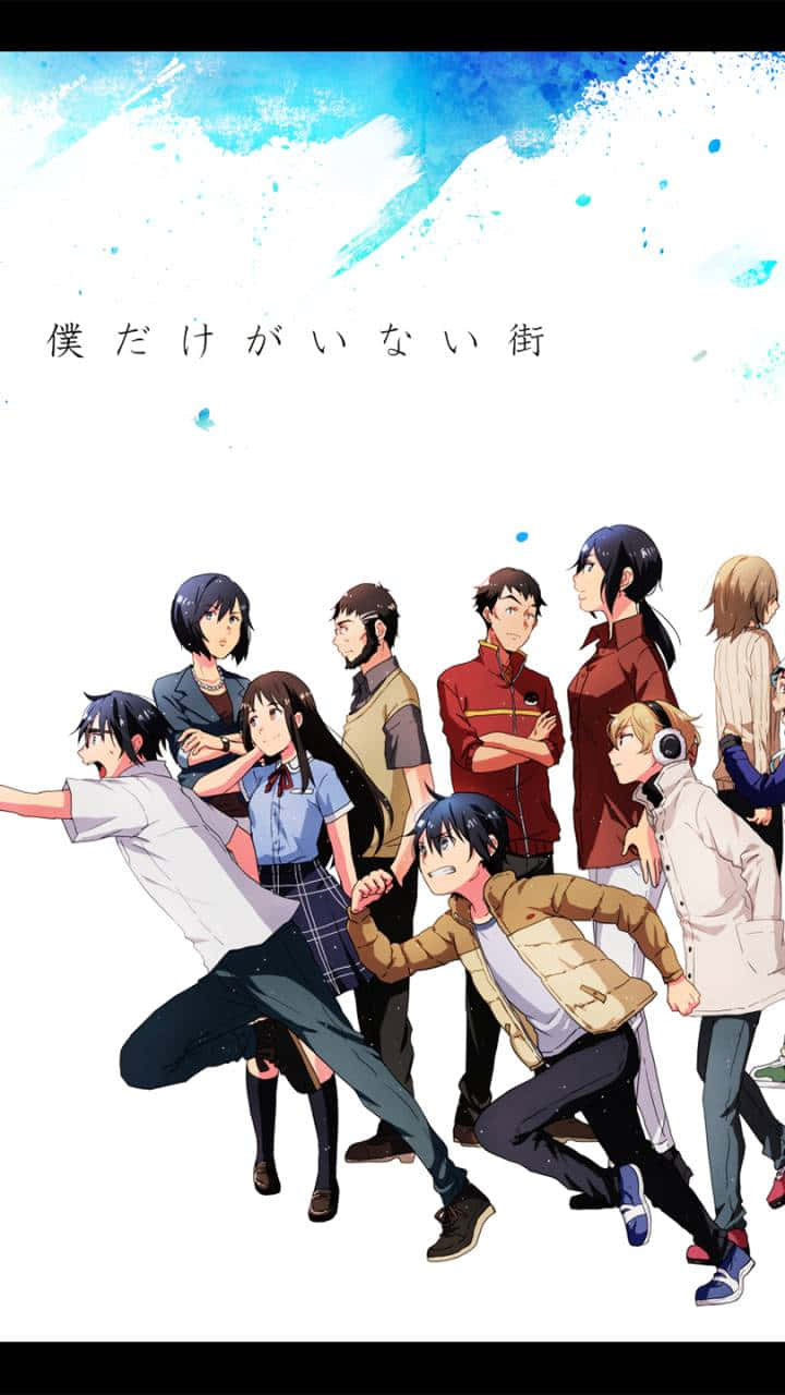 Erased 桌布 壁紙 — 一群穿著校服和休閒服的青少年動漫角色，在濺起的藍色水彩背景前充滿活力地擺姿勢。