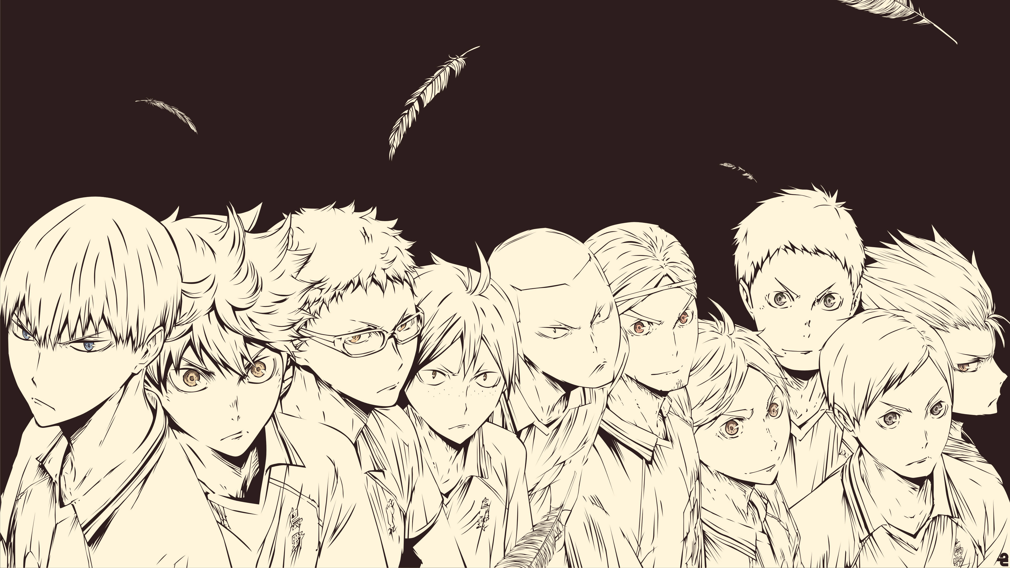 Teams 桌布 壁紙 — 一群穿著校服的動漫男孩在黑暗背景中排成一排，羽毛飄浮在空中。