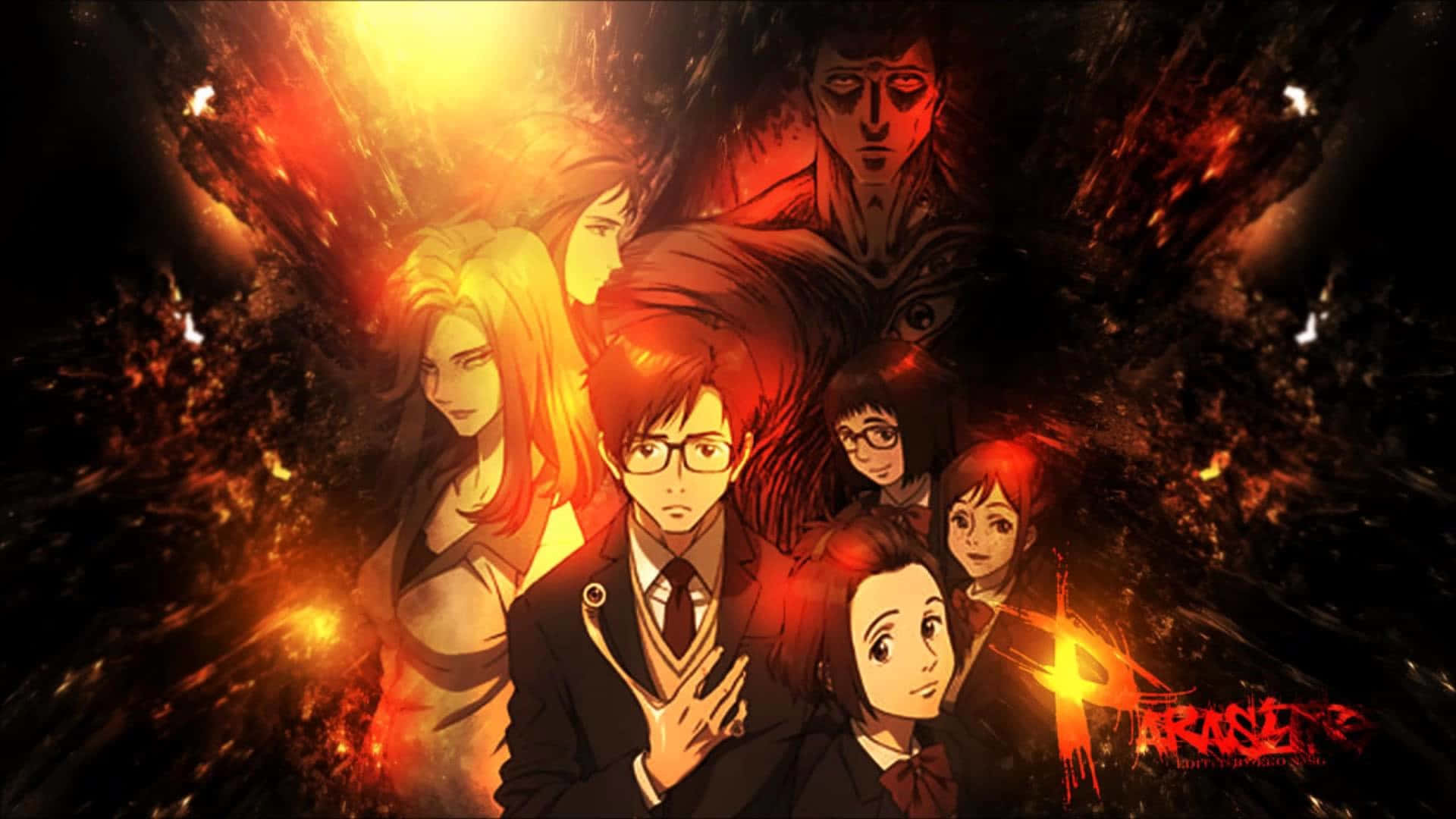 Parasyte 桌布 壁紙 — 一群穿著校服的動漫角色，帶著強烈的表情站在熾熱的爆炸中。