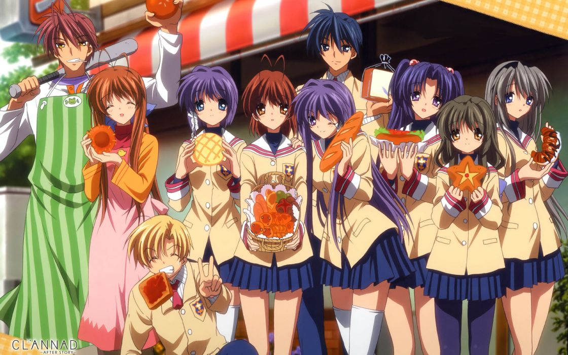 Clannad 桌布 壁紙 — 一群穿著校服的動漫角色在條紋遮陽篷下開心地與各種食物合影。