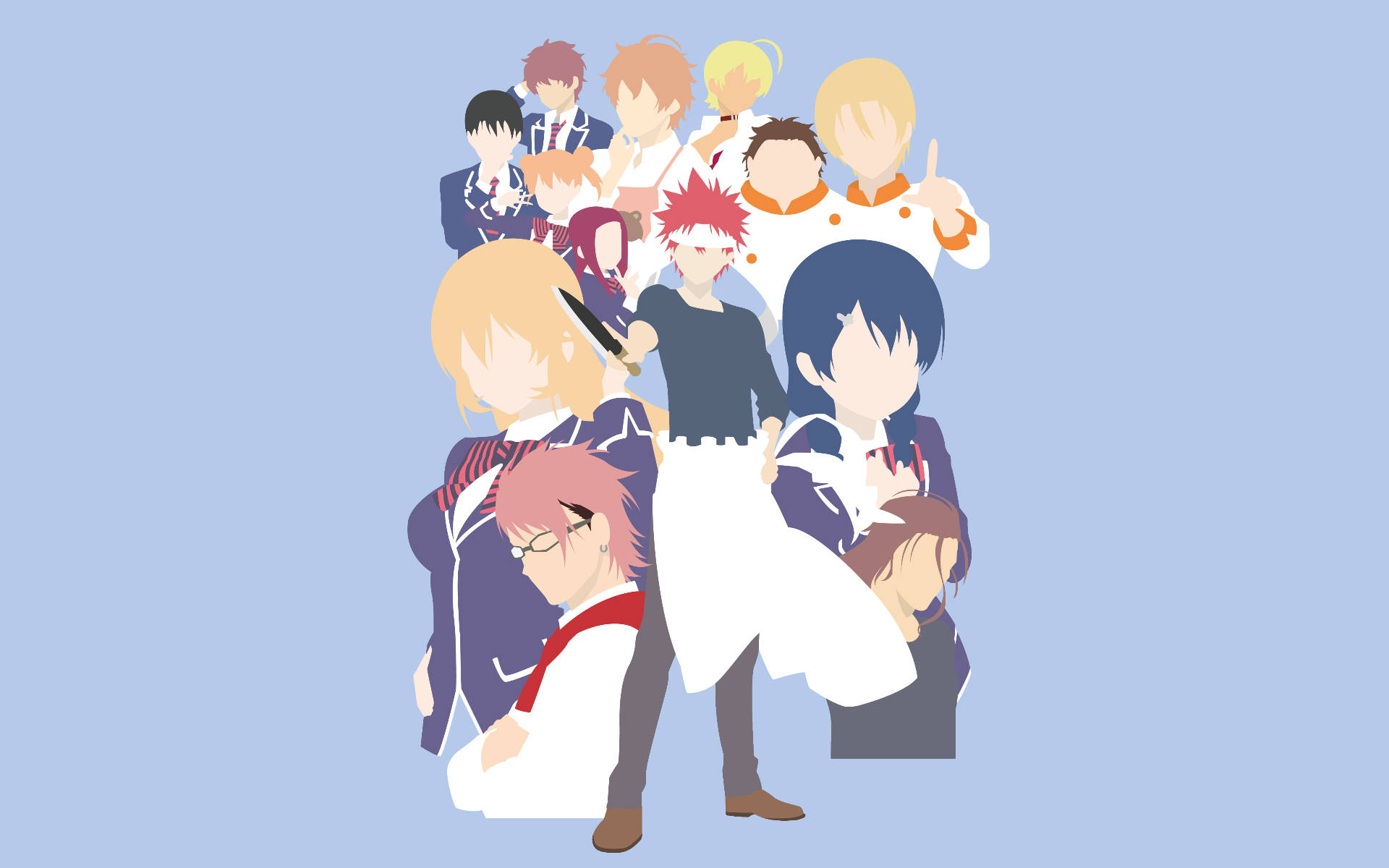 food wars shokugeki no soma 桌布 壁紙 — 一群穿著校服的動漫角色在純淺藍色背景前擺姿勢，擁有不同的髮型和表情。