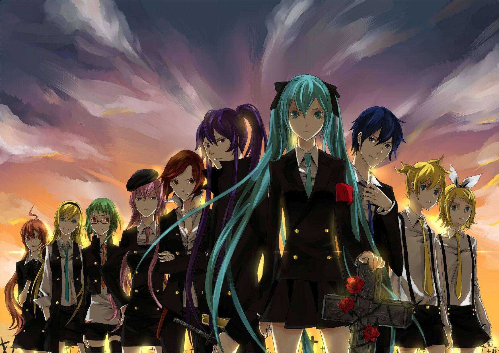 Vocaloid 桌布 壁紙 — 一群穿著校服的動漫角色站在戲劇性的暮色天空下，天空中有旋轉的雲朵和溫暖的橙色色調。