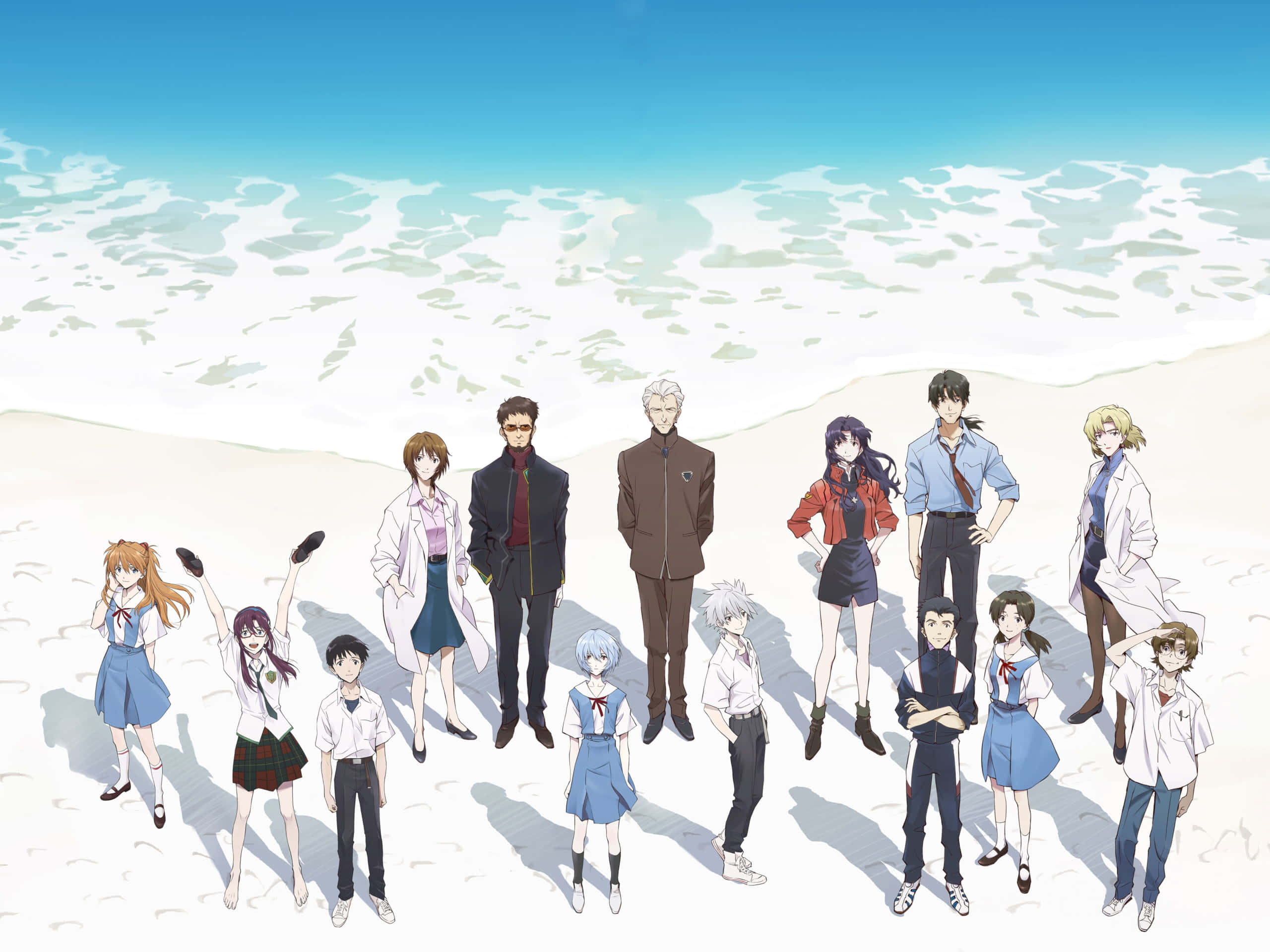 evangelion 4K 桌布 壁紙 — 一群穿著校服的動漫角色站在明亮的沙灘上，背後是碧綠的海浪和清澈的藍天。
