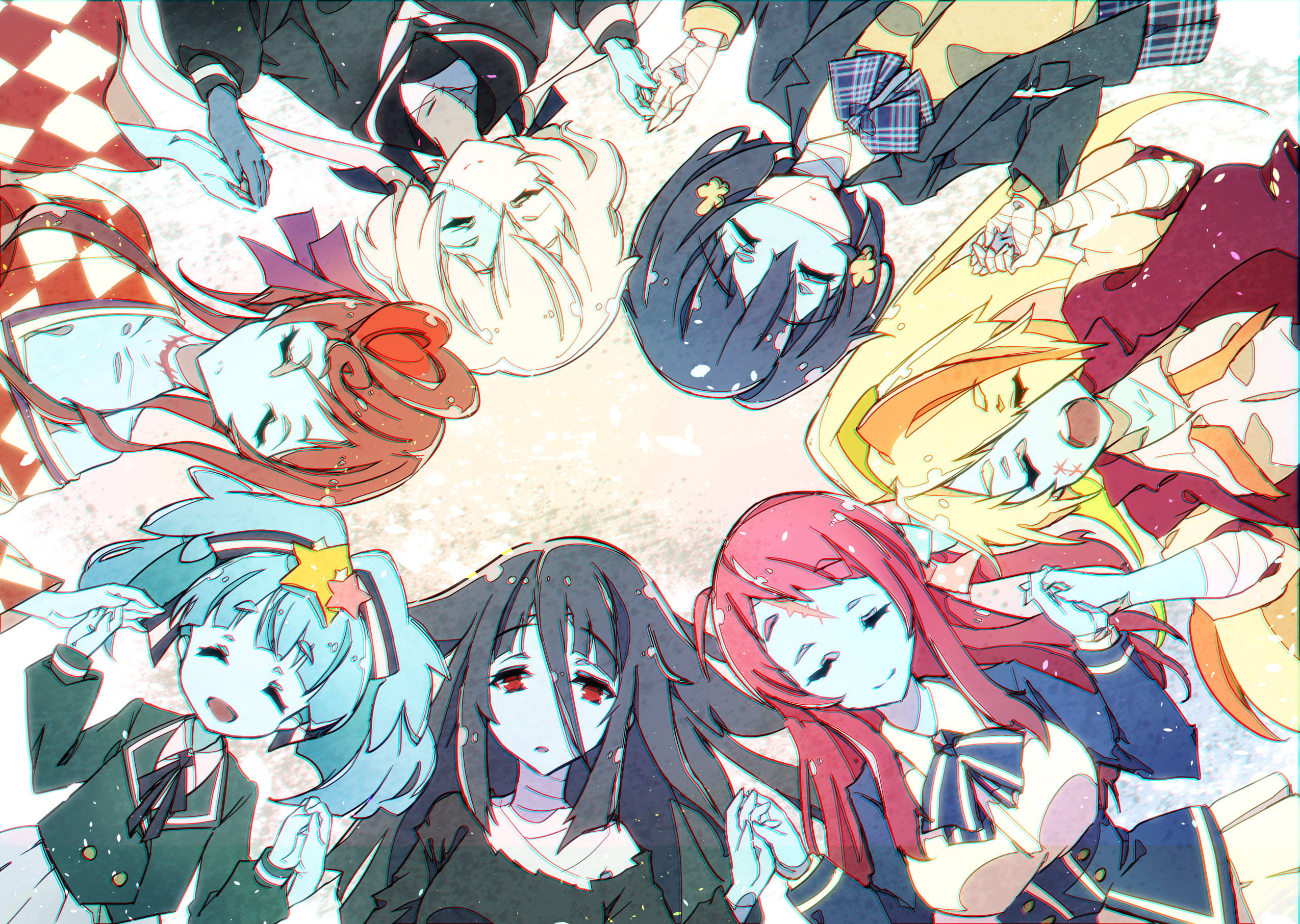 zombie land saga 桌布 壁紙 — 一群穿著校服的動畫女孩躺在格子地板上圍成一個圓圈，手牽手，表情平靜。
