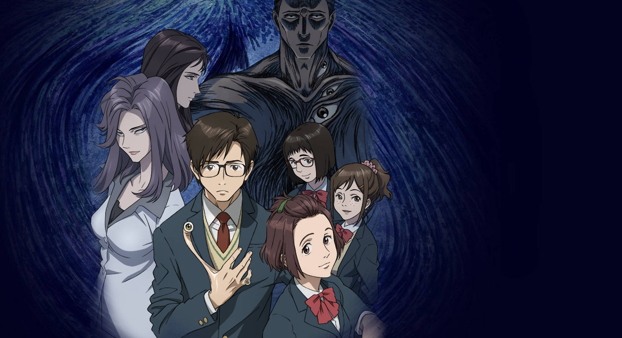 Parasyte 桌布 壁紙 — 一群穿著校服的動畫學生站在一個旋轉藍色漩渦中逼近的黑暗身影前。