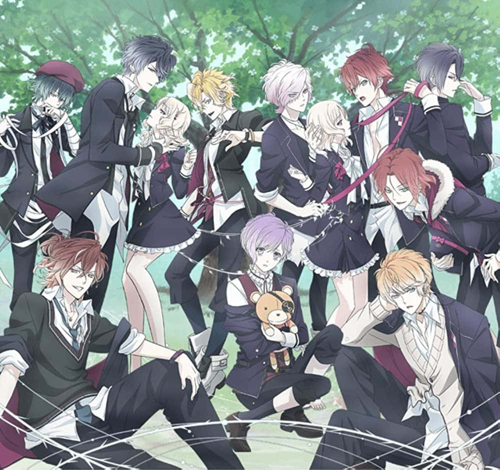 Diabolik Lovers 桌布 壁紙 — 一群穿著校服的動畫男孩在綠樹下動態擺姿勢，發光的白色線條穿梭在場景中。