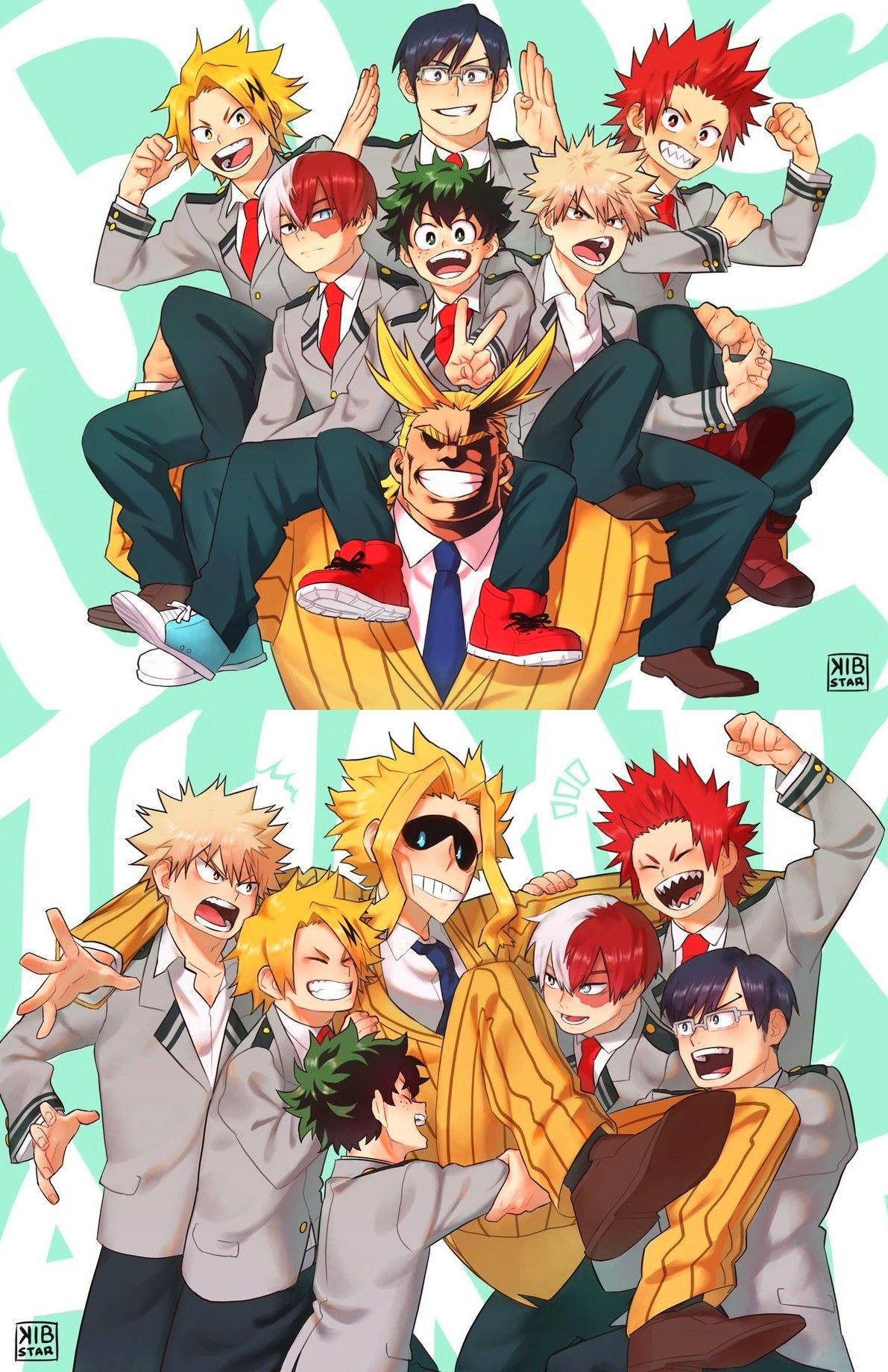 Deku X Todoroki X Bakugou 桌布 壁紙 — 一群穿著校服的年輕英雄在淺綠色抽象背景前充滿活力地擺出姿勢。