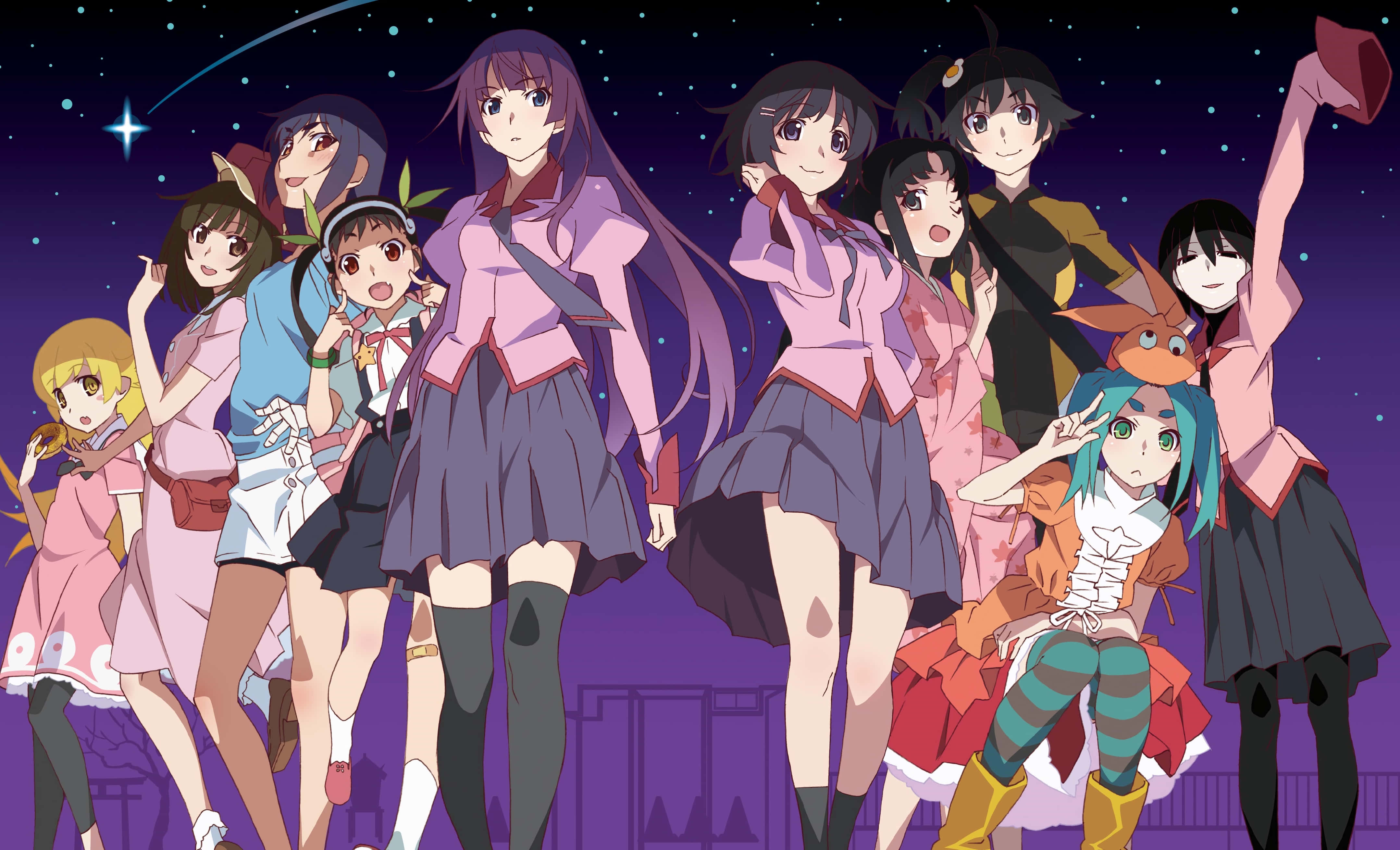 物語 桌布 壁紙 — 一群穿著校服的活力動漫女孩在繁星點點的紫色夜空下，伴隨著流星愉快地擺姿勢。