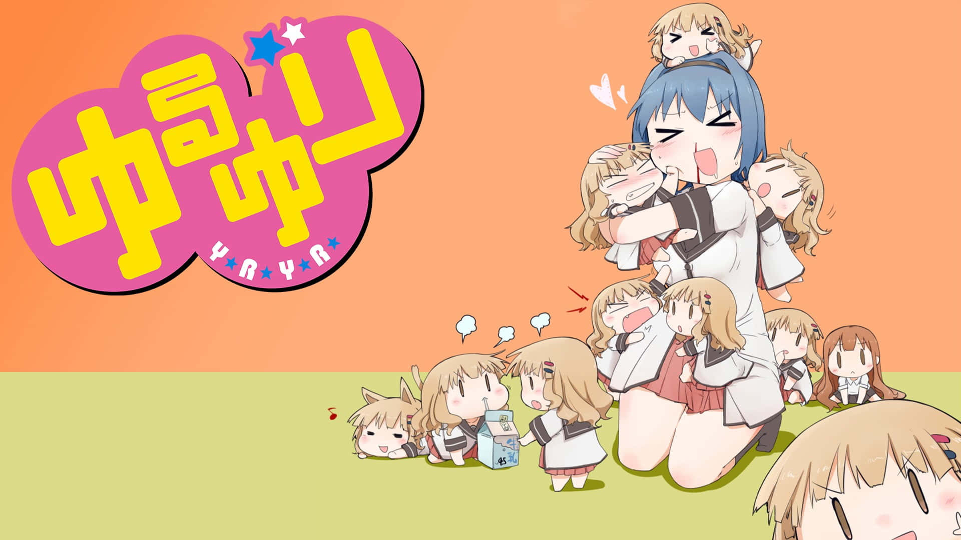 Q版動漫 桌布 壁紙 — 一群穿著校服的開朗動畫女孩在橙色背景上擁抱和玩耍一個大的粉紅色標誌。