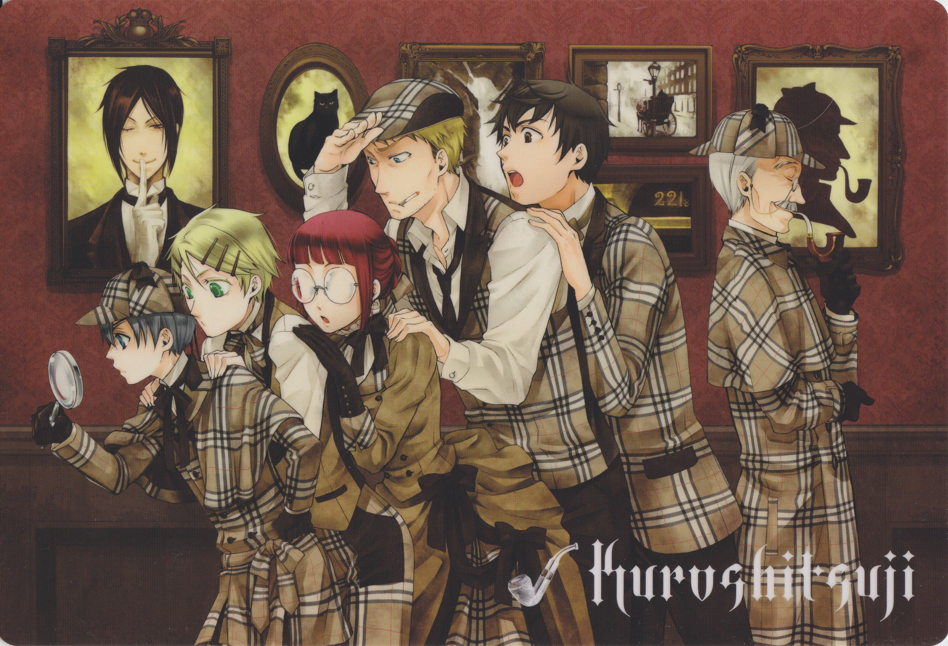 Black Butler 桌布 壁紙 — 一群穿著格子外套的動畫偵探聚集在一個光線昏暗、紅牆房間裡，房間裡擺滿了帶框的肖像畫和一隻黑貓。