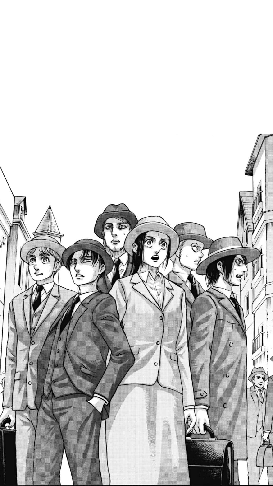 Manga Series 桌布 壁紙 — 一群穿著正式服裝、戴帽子的動漫角色，帶著驚訝的表情站在狹窄的城市街道上。