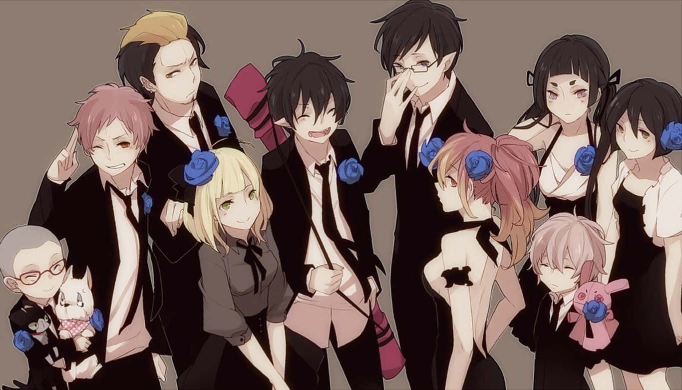 青之驅魔師 桌布 壁紙 — 一群穿著正式服裝、飾有藍色玫瑰的動漫角色在柔和背景下一起擺姿勢。