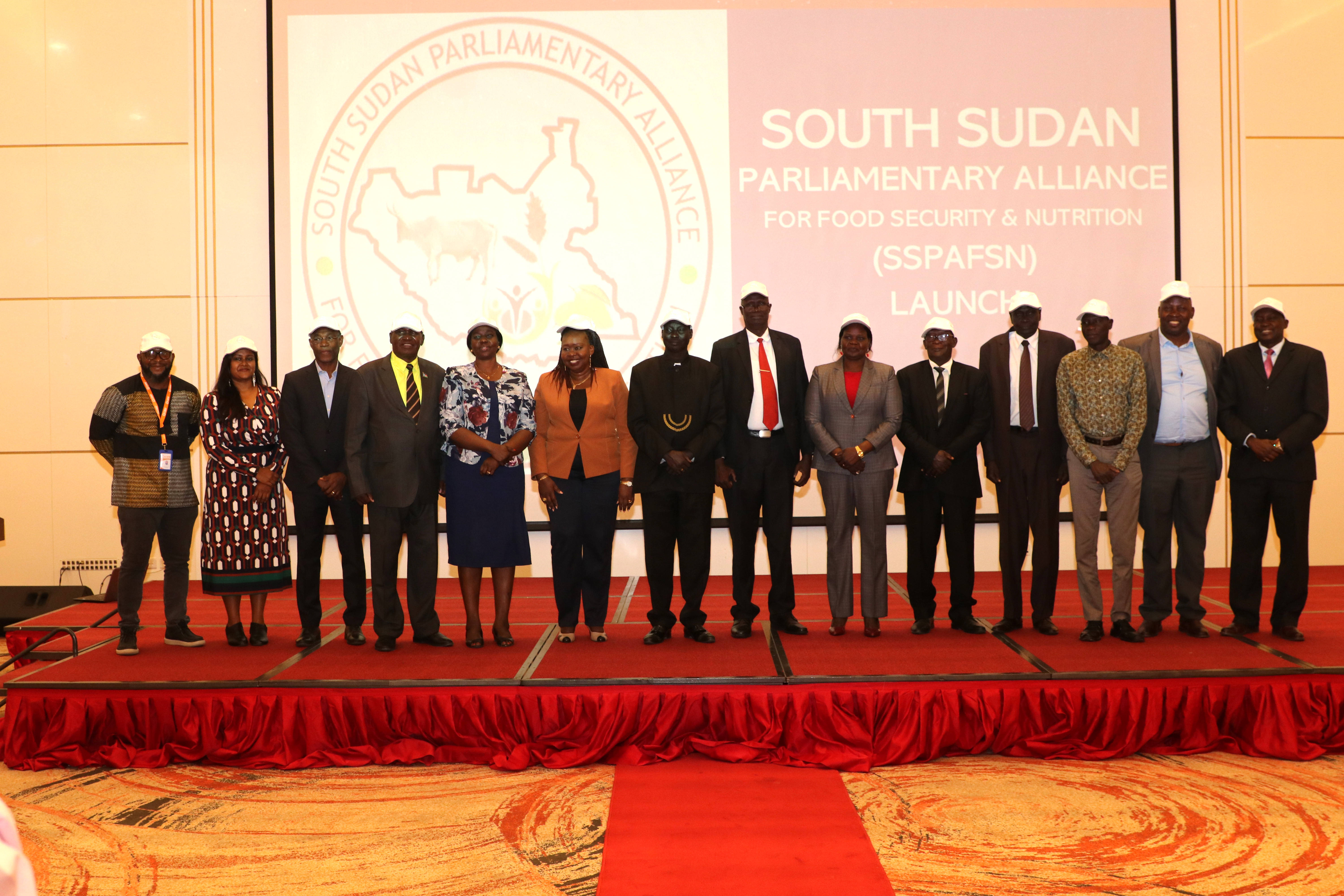 South Sudan 桌布 壁紙 — 一群穿著正式的人在南蘇丹議會聯盟啟動活動的紅地毯舞台上擺姿勢。