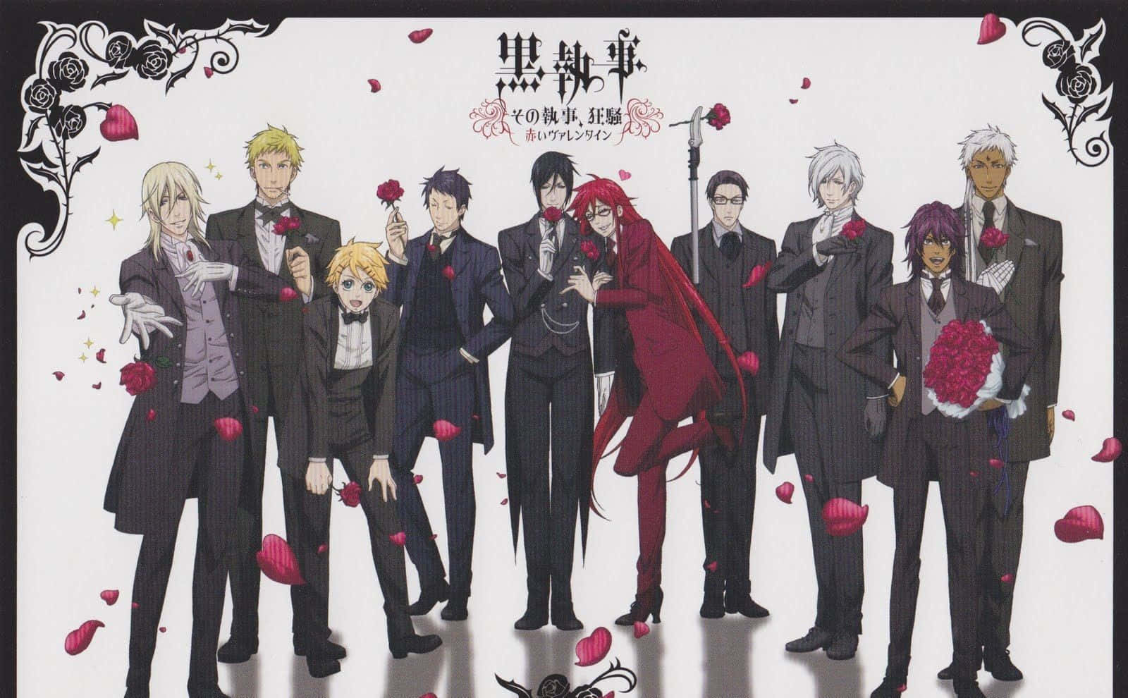 Black Butler 桌布 壁紙 — 一群穿著正式西裝的動漫角色，在帶有黑色花卉邊框的白色背景前手持紅玫瑰。