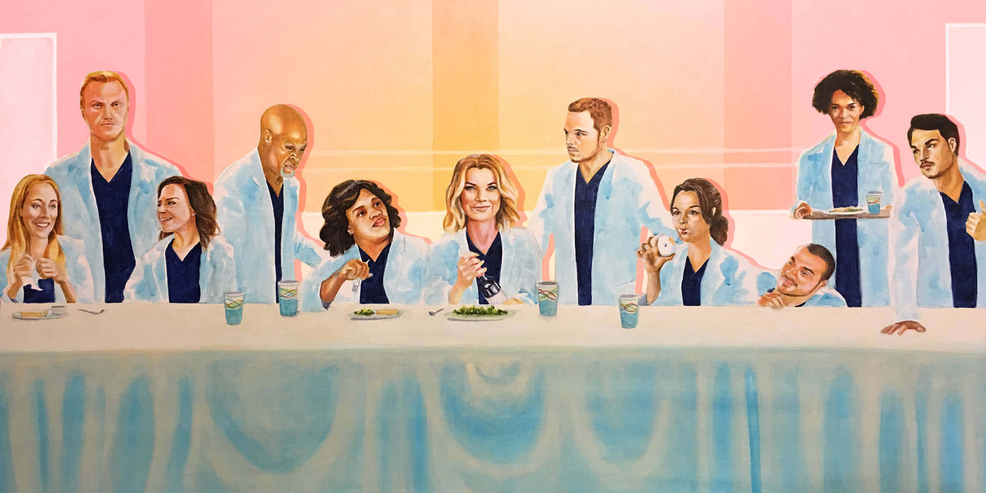Grey's Anatomy 桌布 壁紙 — 一群穿著淺藍色手術衣的醫療專業人士坐在一張長桌旁，這幅風格化的畫作讓人聯想到最後的晚餐。