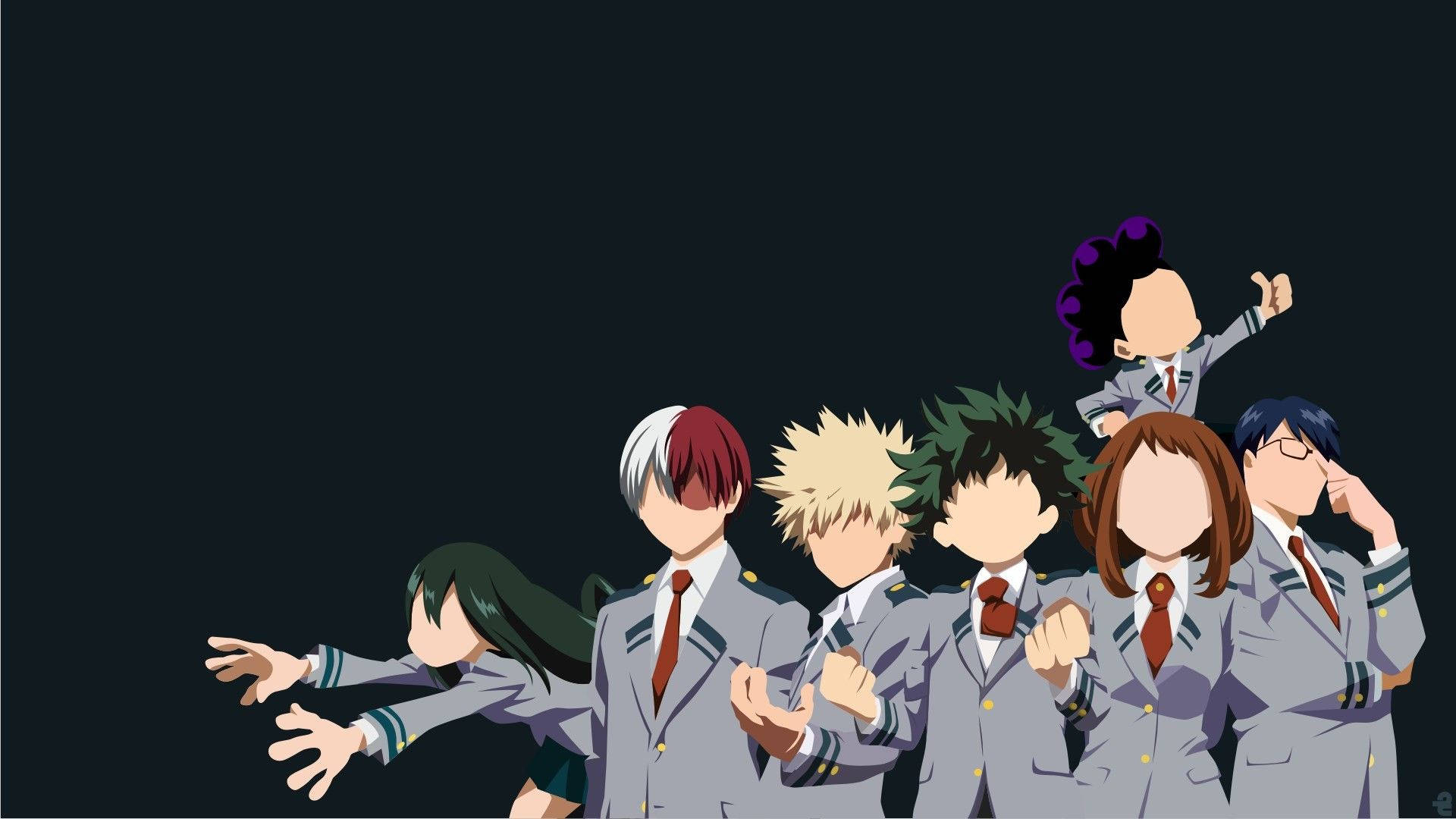 Bnha 桌布 壁紙 — 一群穿著灰色制服的動畫學生在黑暗背景下動態擺姿勢。