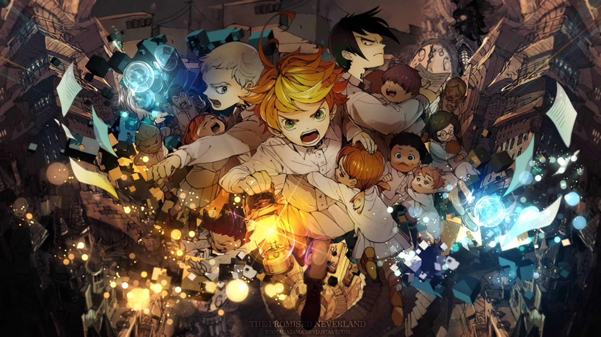 The Promised Neverland 桌布 壁紙 — 一群穿著白袍的孩子組成的動態動畫團體，在發光的魔法粒子和漂浮的紙張中穿過崩塌的城市景觀。
