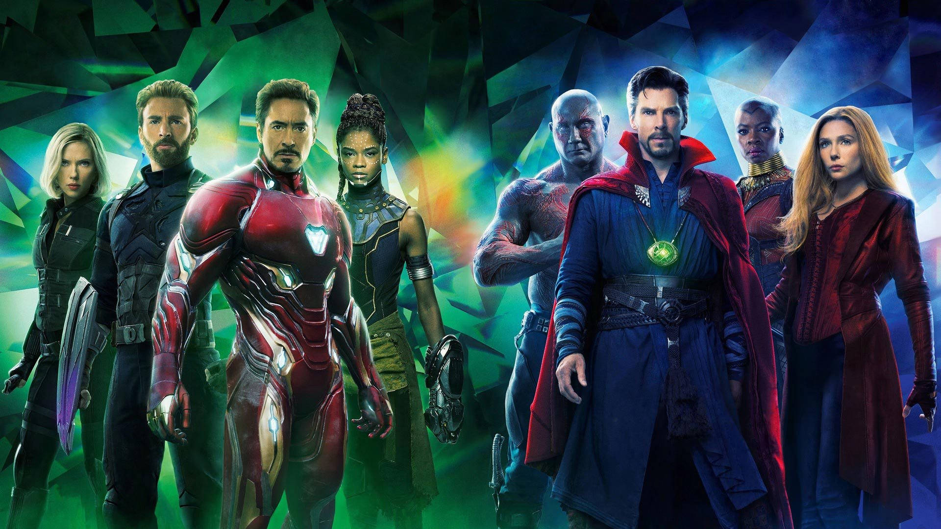 Best Avengers 桌布 壁紙 — 一群穿著精細服裝的超級英雄自信地站在發光的綠色和藍色水晶背景前。