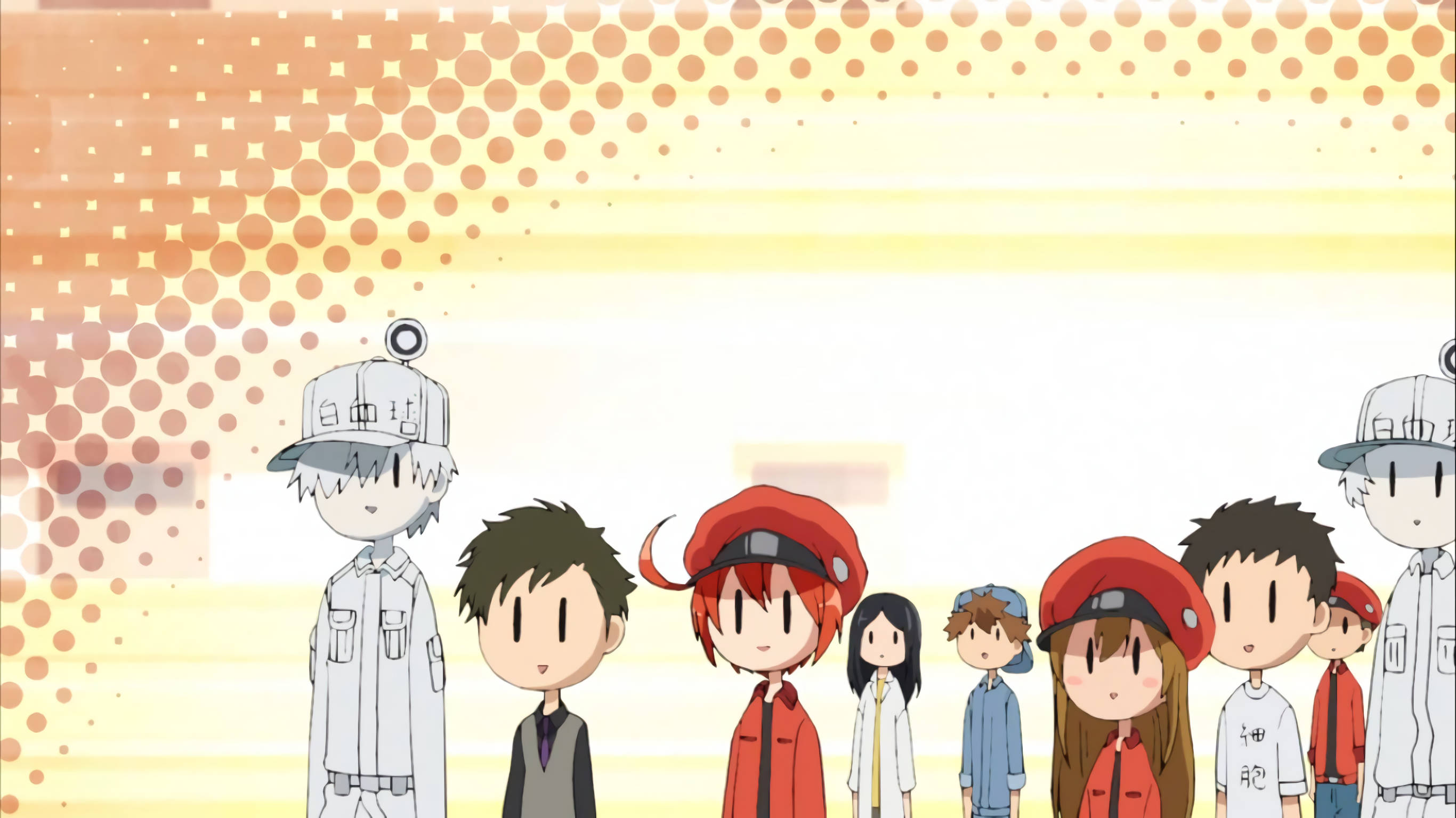 Work 桌布 壁紙 — 一群穿著紅白制服的可愛動漫角色站在帶有橙色半色調圓點的暖色漸變背景前。