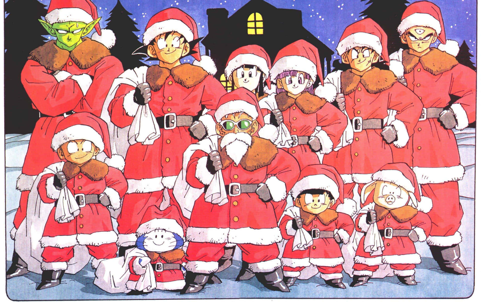 動漫聖誕 桌布 壁紙 — 一群穿著紅色聖誕老人服裝的龍珠角色在雪夜背景下，襯著一間亮燈的房屋，歡快地擺姿勢。