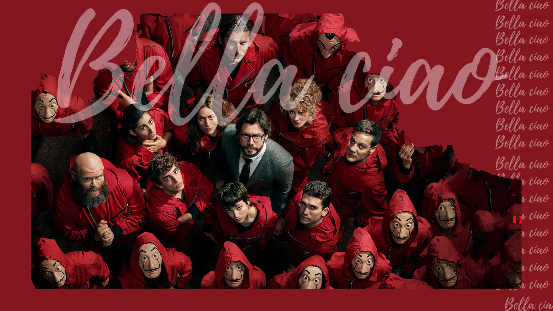 Money Heist Mask 桌布 壁紙 — 一群穿著紅色連身衣和達利面具的人圍著一個穿西裝的男人，背景是深紅色，上面有「Bella ciao」文字。