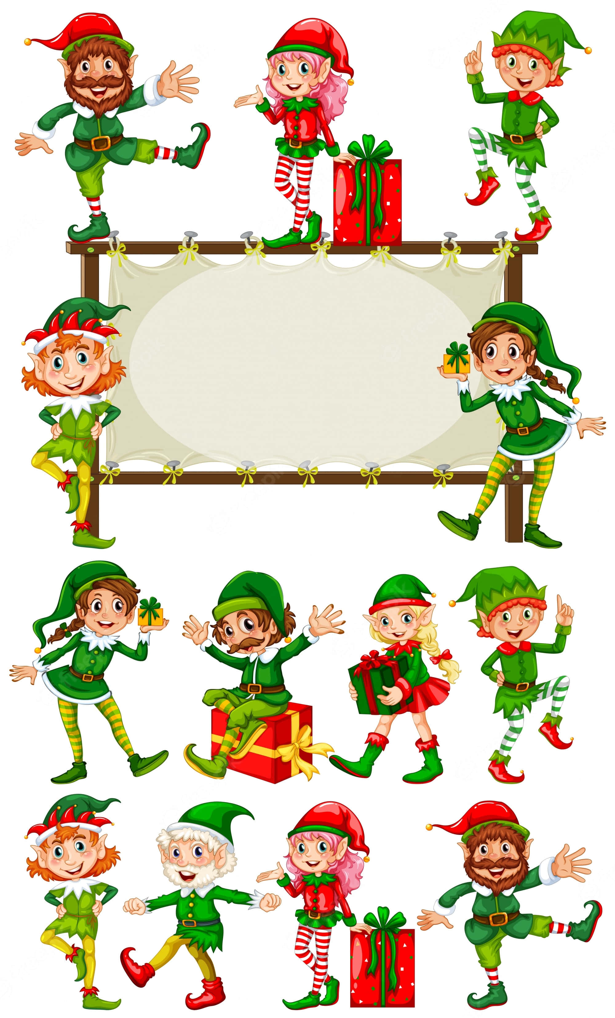 Christmas Elf 桌布 壁紙 — 一群穿著綠色服裝的卡通精靈圍著一個空白標誌和禮物擺姿勢的歡樂收藏。