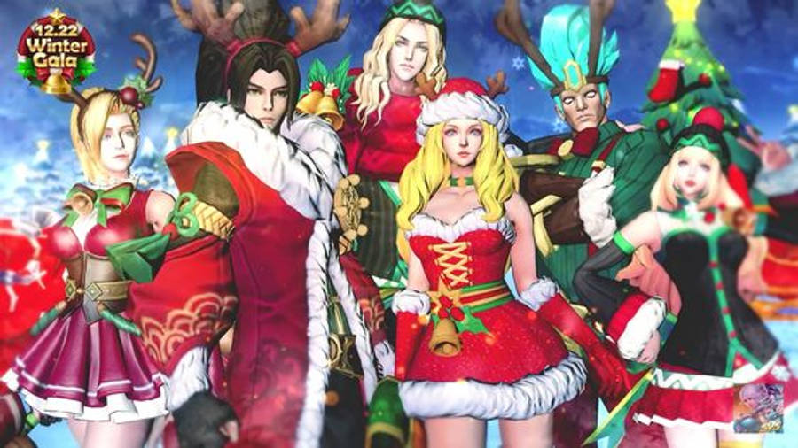 Mobile Legends 動態圖 桌布 壁紙 — 一群穿著聖誕服飾的動漫角色在雪白的冬日背景和閃爍燈光下愉快地擺姿勢。