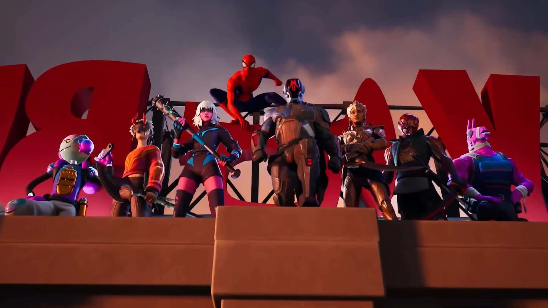 桌布 壁紙 — 一群穿著色彩繽紛服裝的 Fortnite 角色在屋頂上以英雄姿態擺姿勢，背景是戲劇性的暮色天空。