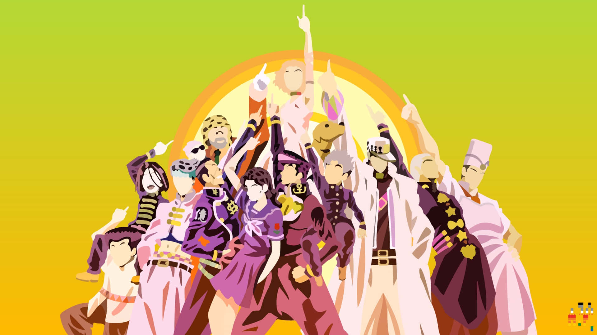 Diamond Is Unbreakable 桌布 壁紙 — 一群穿著色彩繽紛服裝的動漫角色在發光黃色漸層背景前充滿活力地擺姿勢。