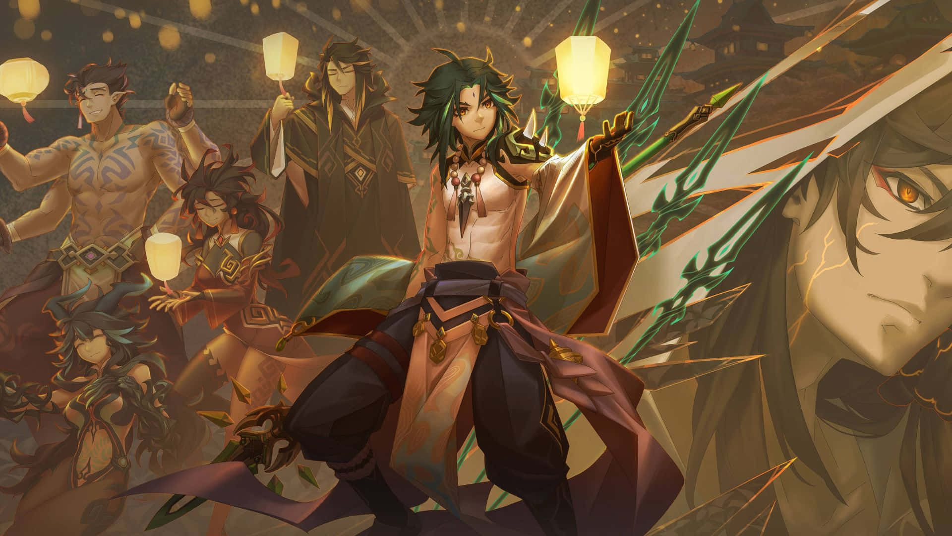 Genshin Impact Characters 桌布 壁紙 — 一群穿著華麗服飾的動漫角色，在溫暖的金色背景前，手持發光的燈籠，伴隨著動態的能量效果。