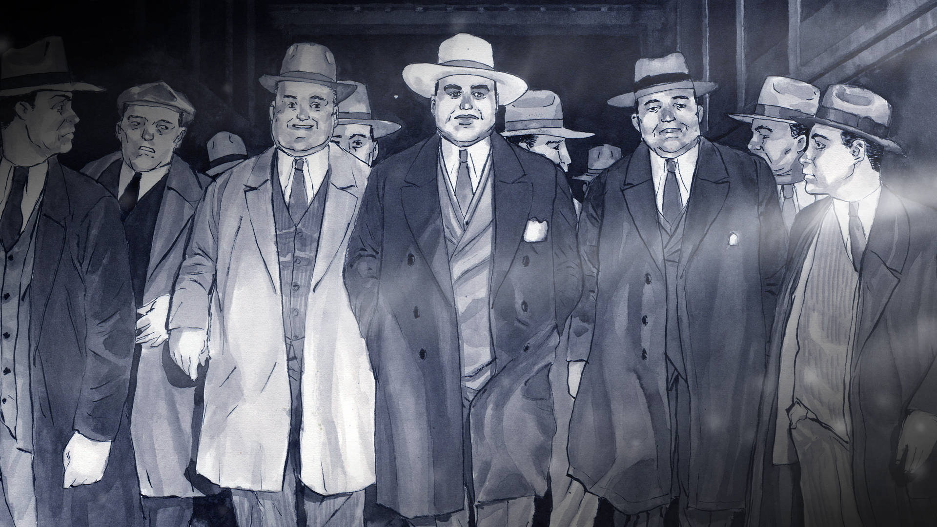 Capone 桌布 壁紙 — 一群穿著西裝和戴著費多拉帽的男人站在光線昏暗的小巷中，帶有戲劇性的陰影和粗糙的質感。