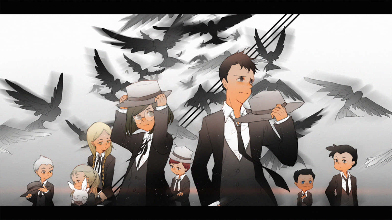 The Promised Neverland Don 桌布 壁紙 — 一群穿著西裝的動漫角色莊嚴地站著，黑色鳥群在灰色天空下圍繞他們飛舞。