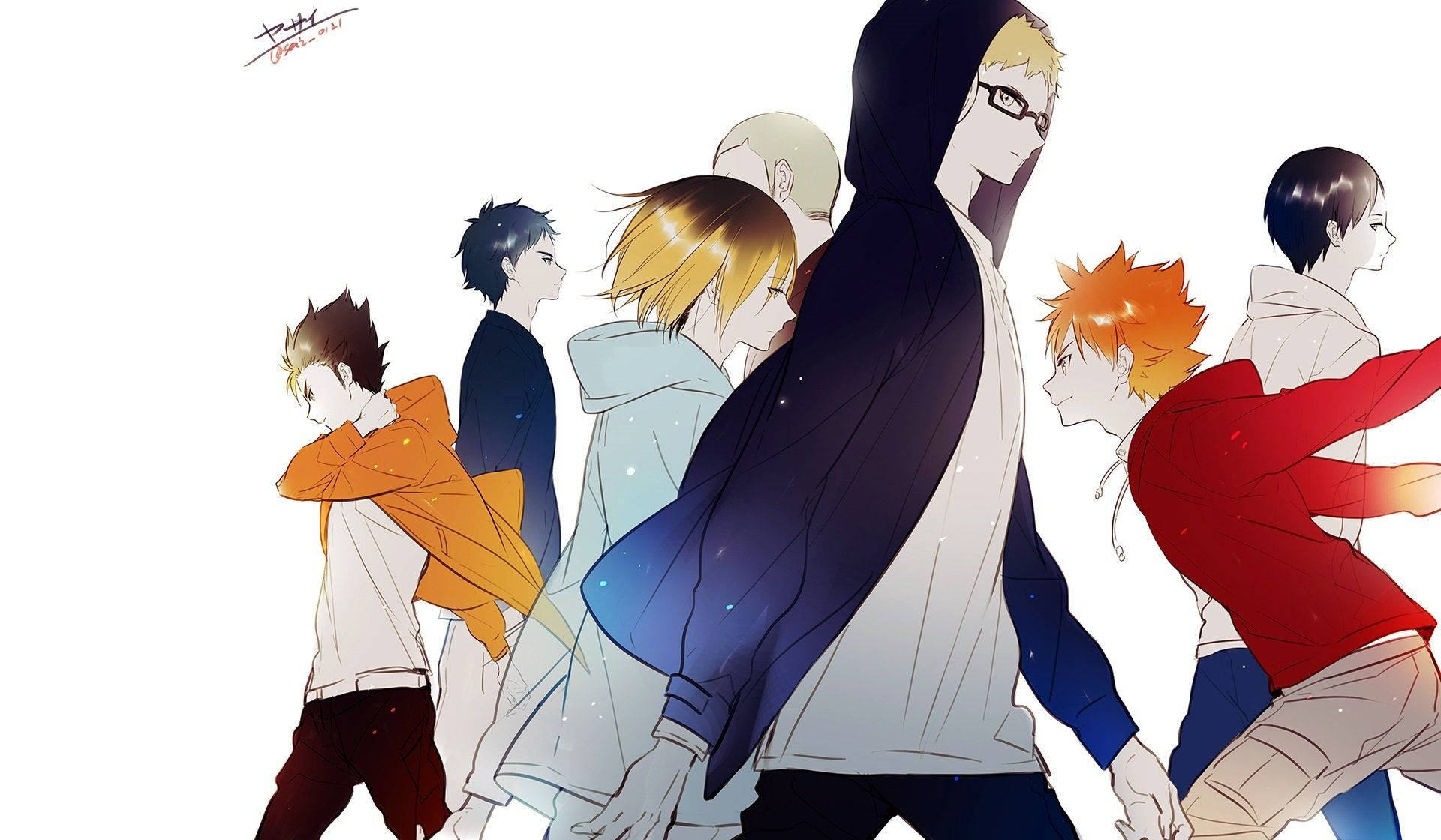 kei tsukishima 桌布 壁紙 — 一群穿著連帽衫和休閒服的動畫男孩在純白色背景上一起行走，背景帶有柔和發光的粒子。