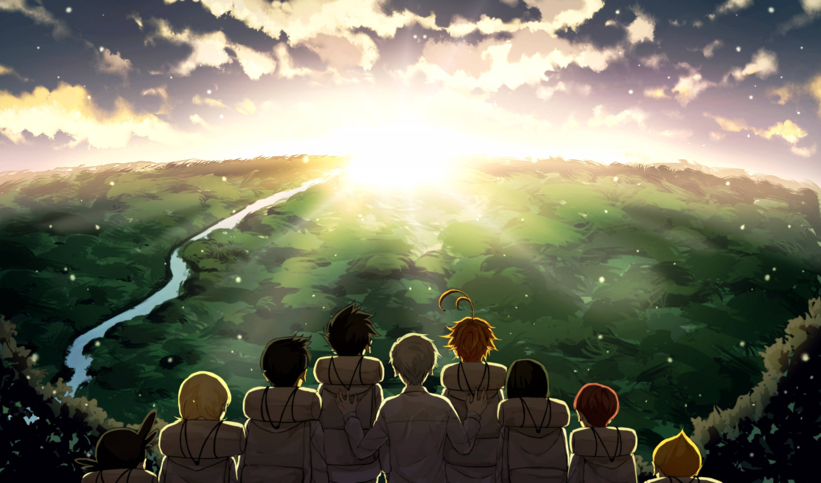 Promised Neverland 桌布 壁紙 — 一群穿著連帽衫的動漫角色凝視著蜿蜒河流上閃耀的日出，穿過鬱鬱蔥蔥的綠色山丘。