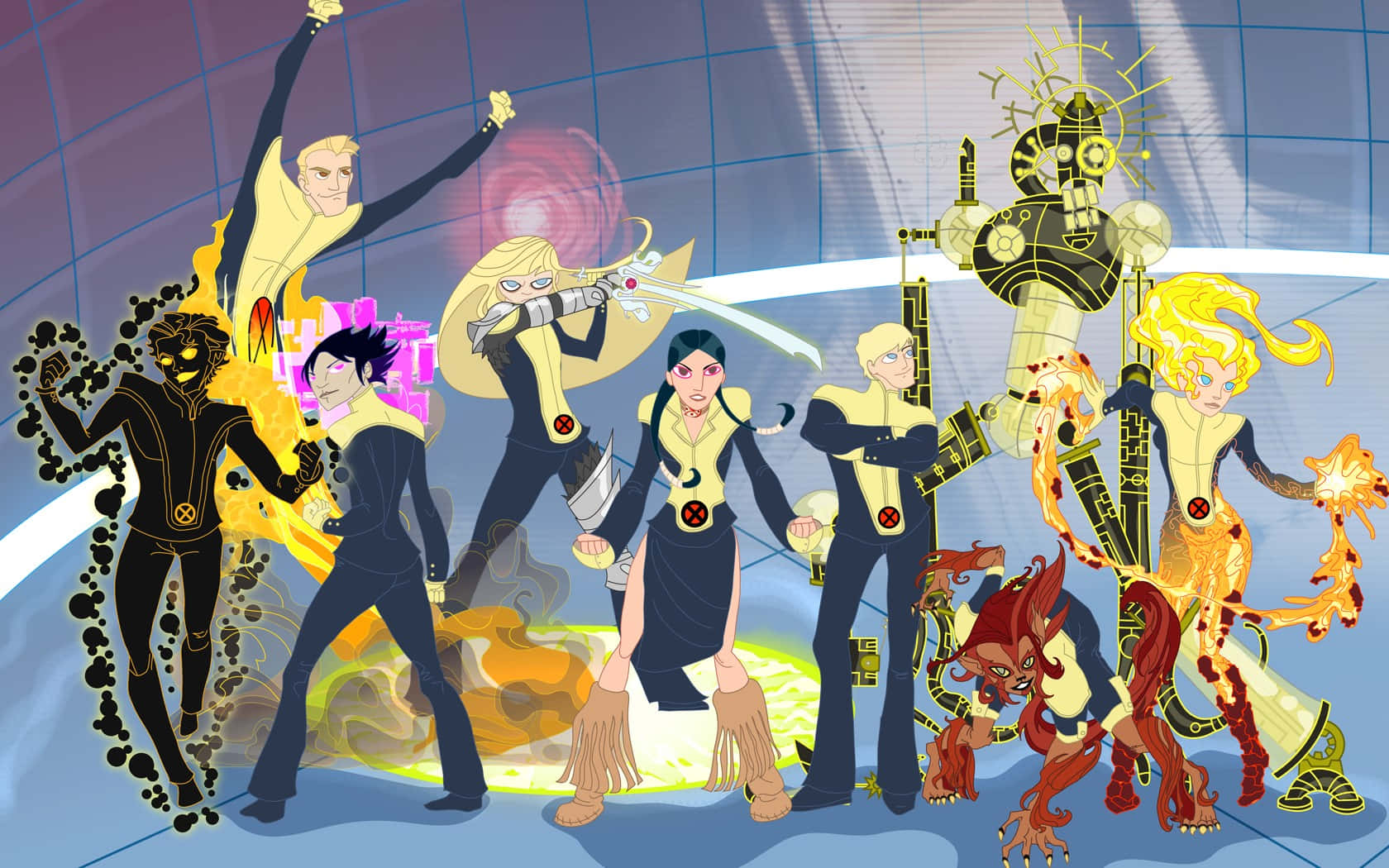 New Mutants 桌布 壁紙 — 一群穿著黃色和黑色制服的X-Men角色在未來風格的網格環境中英勇地擺出姿勢，展現發光的能力。