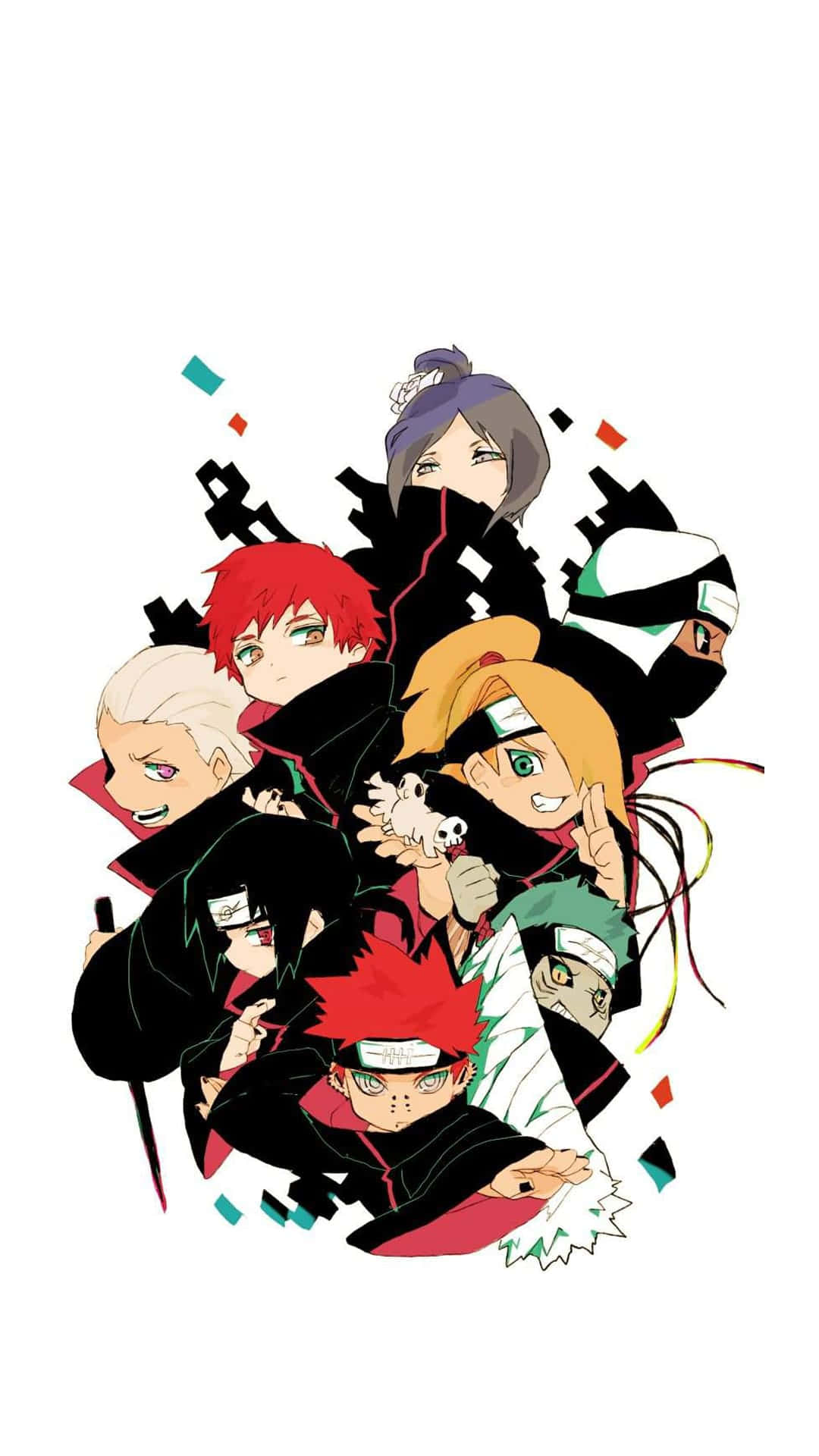 Akatsuki Chibi 桌布 壁紙 — 一群穿著黑色斗篷的忍者動畫角色充滿活力地擺出姿勢，周圍爆發出五彩紙屑。