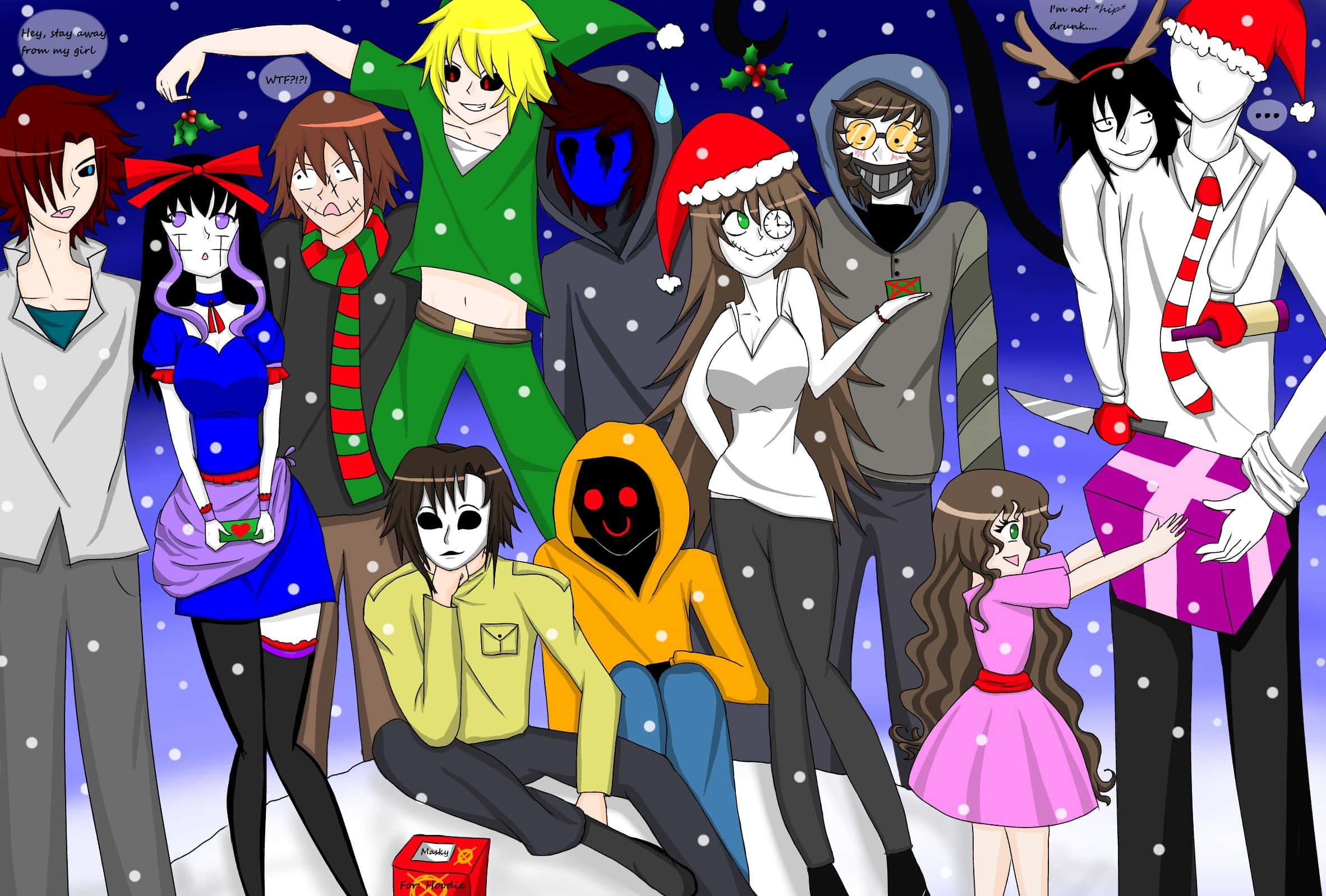 Creepypasta 桌布 壁紙 — 一群節日動漫角色在雪夜中聚集，有些戴著節日帽並拿著禮物，歡樂的角色中夾雜著詭異的面具人物。