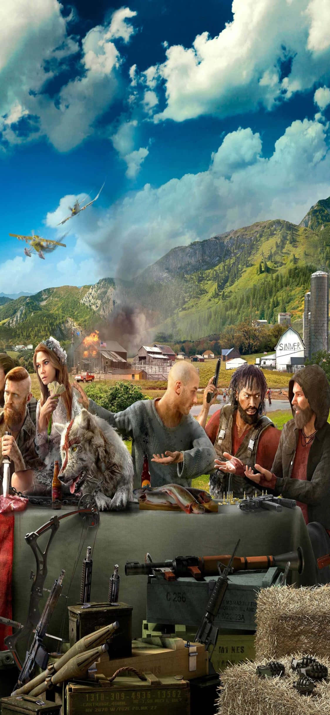 iPhone X Far Cry 3 桌布 壁紙 — 一群粗獷的倖存者在一個擺滿武器的桌子上享用狼肉，身處山谷之中，頭頂是明亮的藍天，戰鬥機在上空飛過。