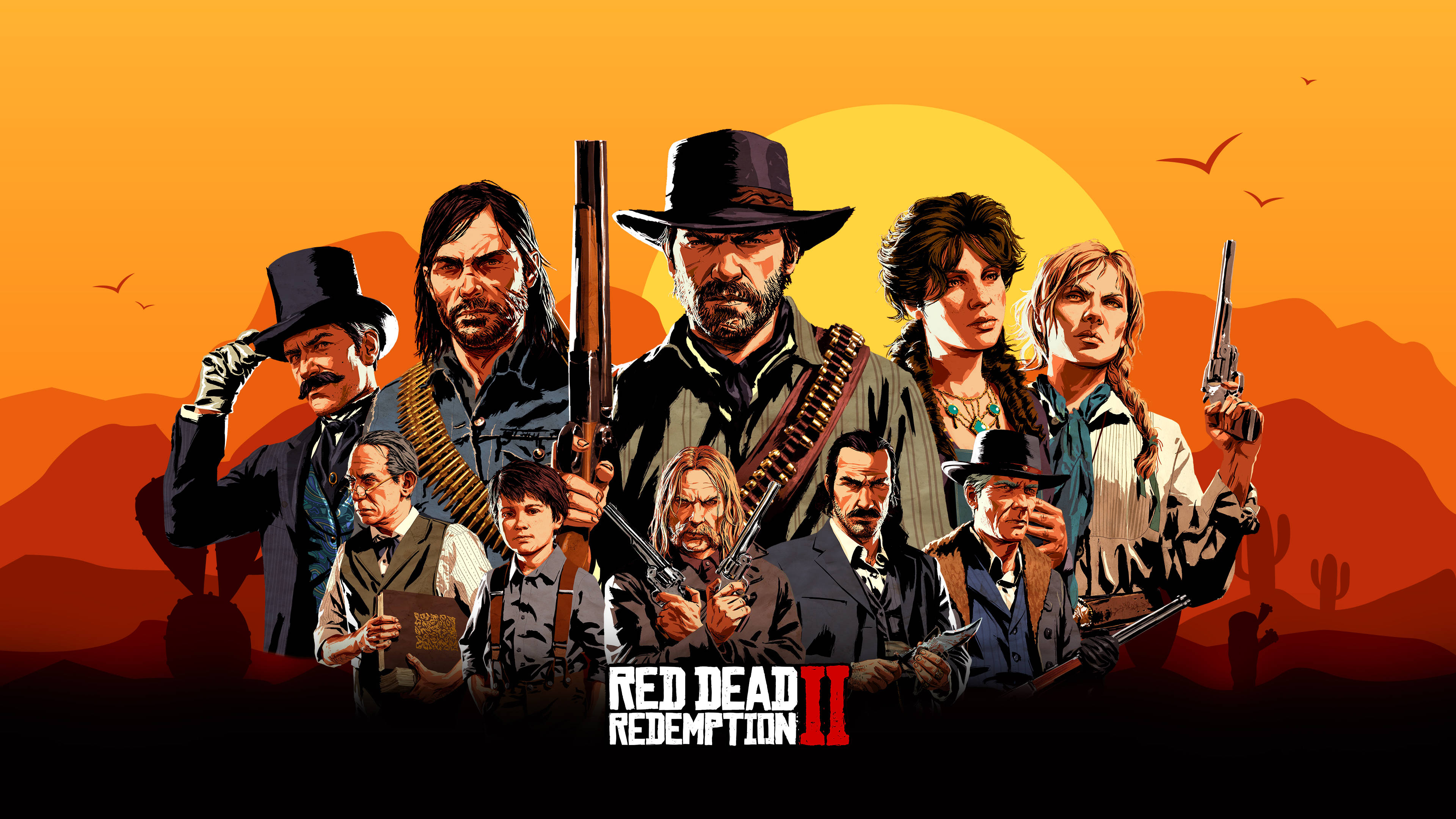 Red Dead Redemtion 2 桌布 壁紙 — 一群粗獷的牛仔和亡命之徒在沙漠景觀中，以火紅的橙色日落為背景，拔槍而立，表情嚴峻。