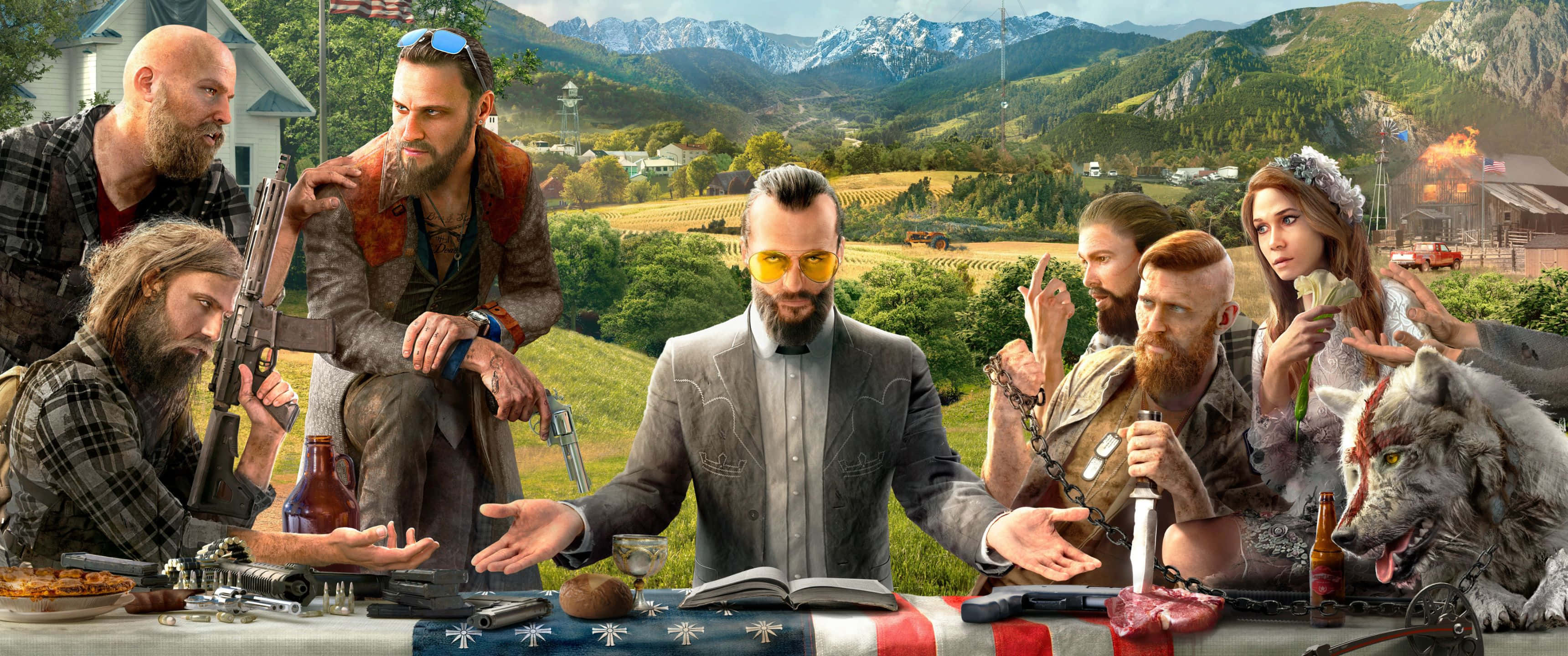 3440x1440p Far Cry 5 桌布 壁紙 — 一群粗獷的男女與一隻狼聚集在一張擺滿武器和食物的桌子周圍，背景是山區鄉村環境。
